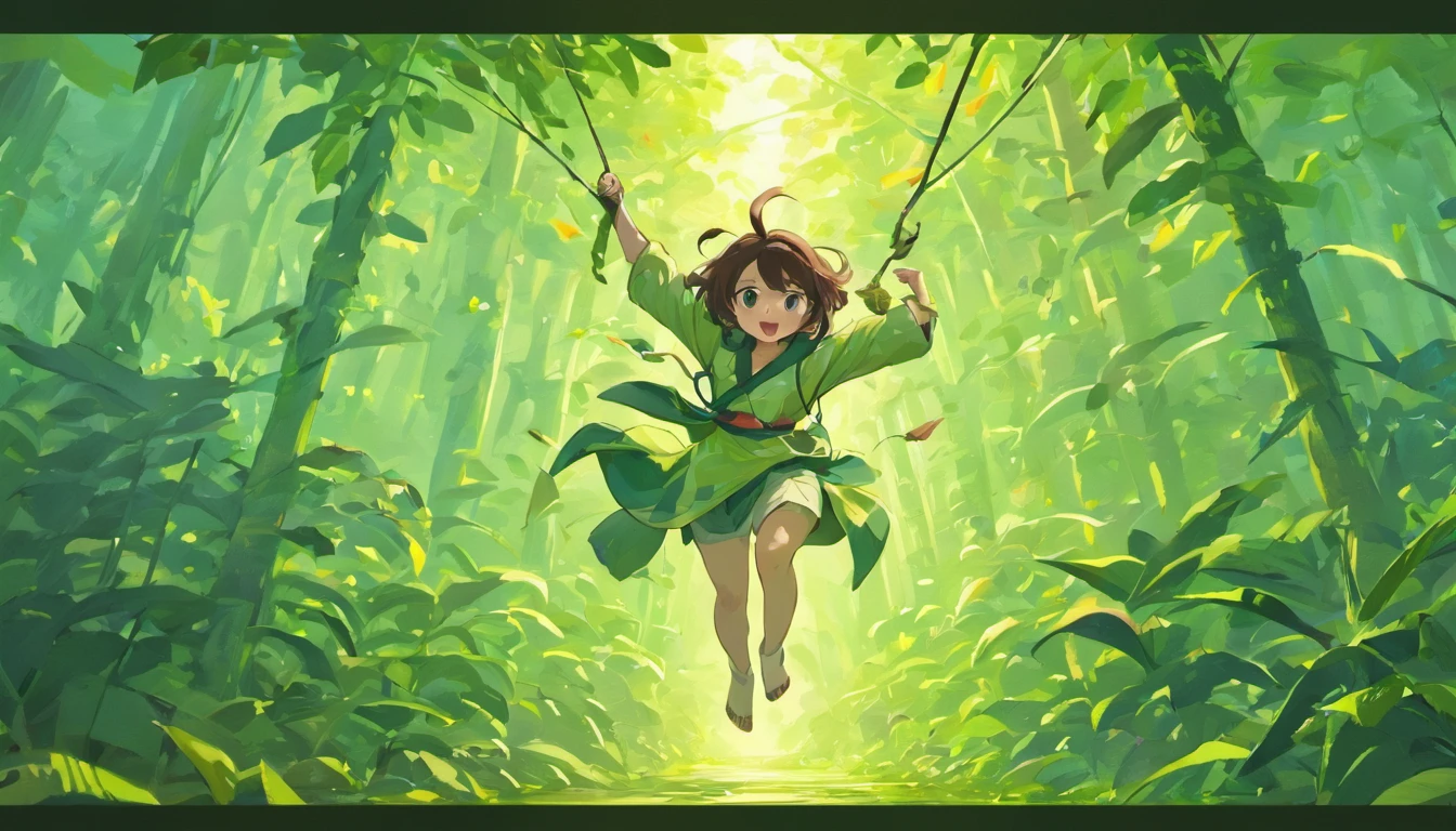 (Turn into a monkey),(Fly into a primeval forest),(Swinging vines),(Chuangfei passes by a monkey eating bananas),(Turn into a monkey),(Fly into a primeval forest),(Swinging vines),(Chuangfei passes by a monkey eating bananas),(Turn into a monkey),(Fly into a primeval forest),(Swinging vines)