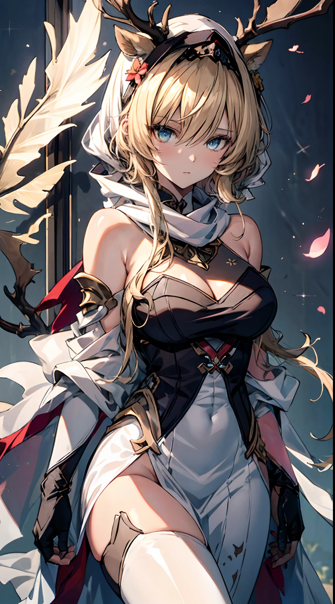 best qualtiy, tmasterpiece, 超高分辨率, realisticlying, 1girll, blond hairbl, 黑The eye, swimmning, sportrait(8k, RAW photos, best qualtiy, tmasterpiece:1.2),(realisticlying, photograph realistic:1.37),(best qualtiy, tmasterpiece:1.2),(beautiful detailed background), (lumen, hero, /genshin impact/), 1girll, with light glowing (genshin impact), blond hairbl, 独奏, florals, shift dresses, hair flower, hair adornments, dark yellow eyes, white dresses, (looking at viewert), flor branca,bare shoulders,mitts,Take off your sleeves,white thighhig,bobbed long hair,Sideburns,White scarf