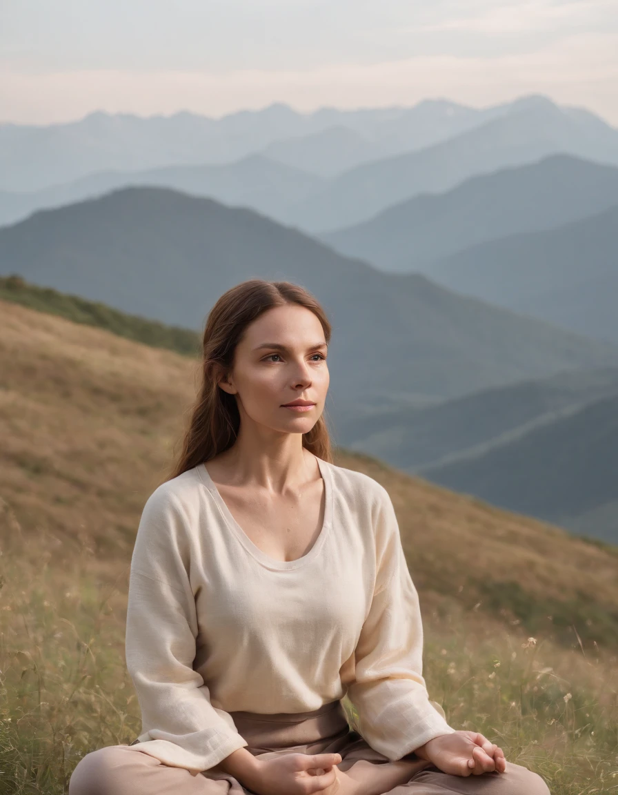 woman meditating in nature with mountain background, in the style of light yellow and light orange, candid moments, patricia piccinini, joyful and optimistic, y2k aesthetic, daniel ridgway knight, high quality photo .