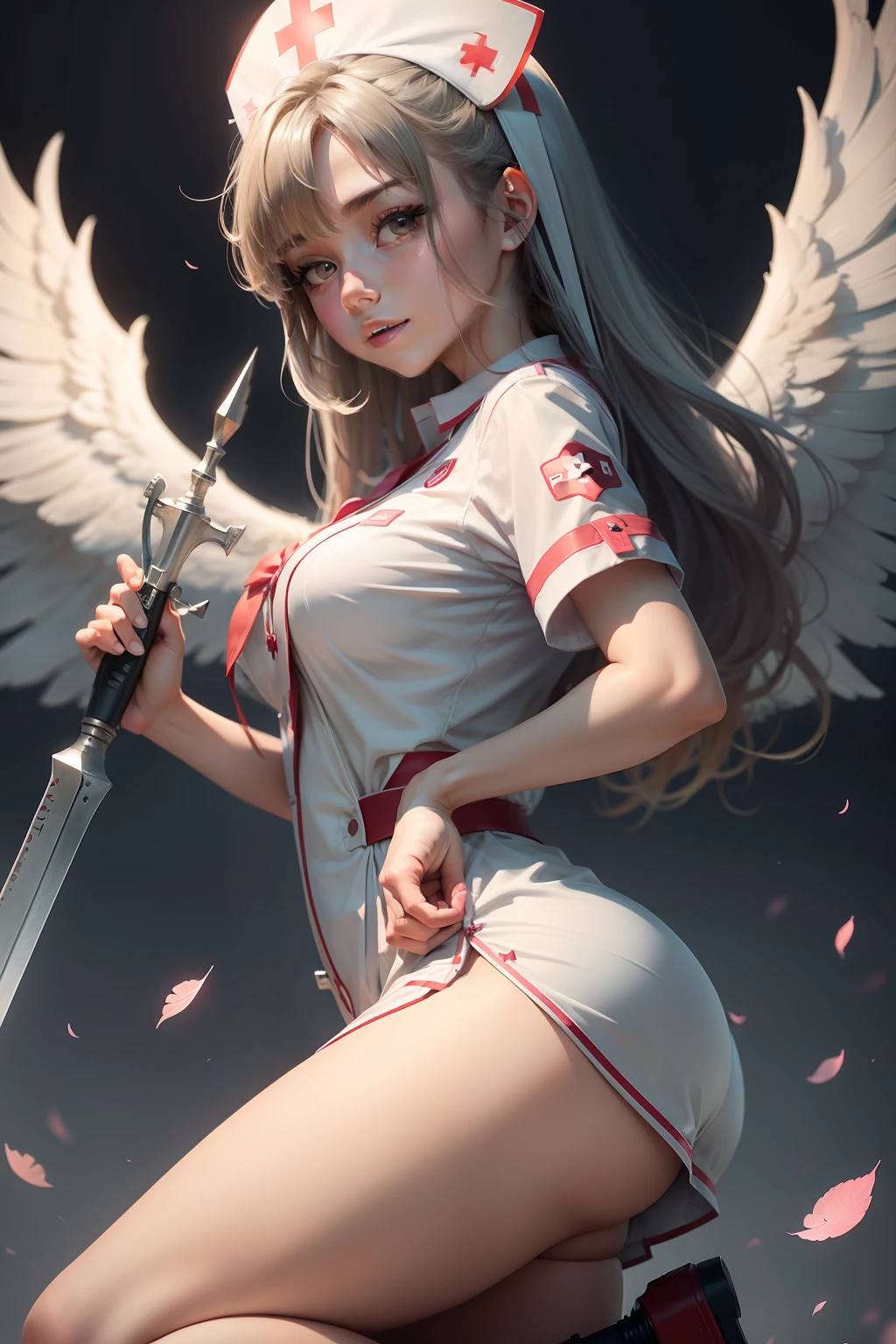 Beautiful nurse、holding weapons、Wearing a nurse's uniform、Angel wings on the back
