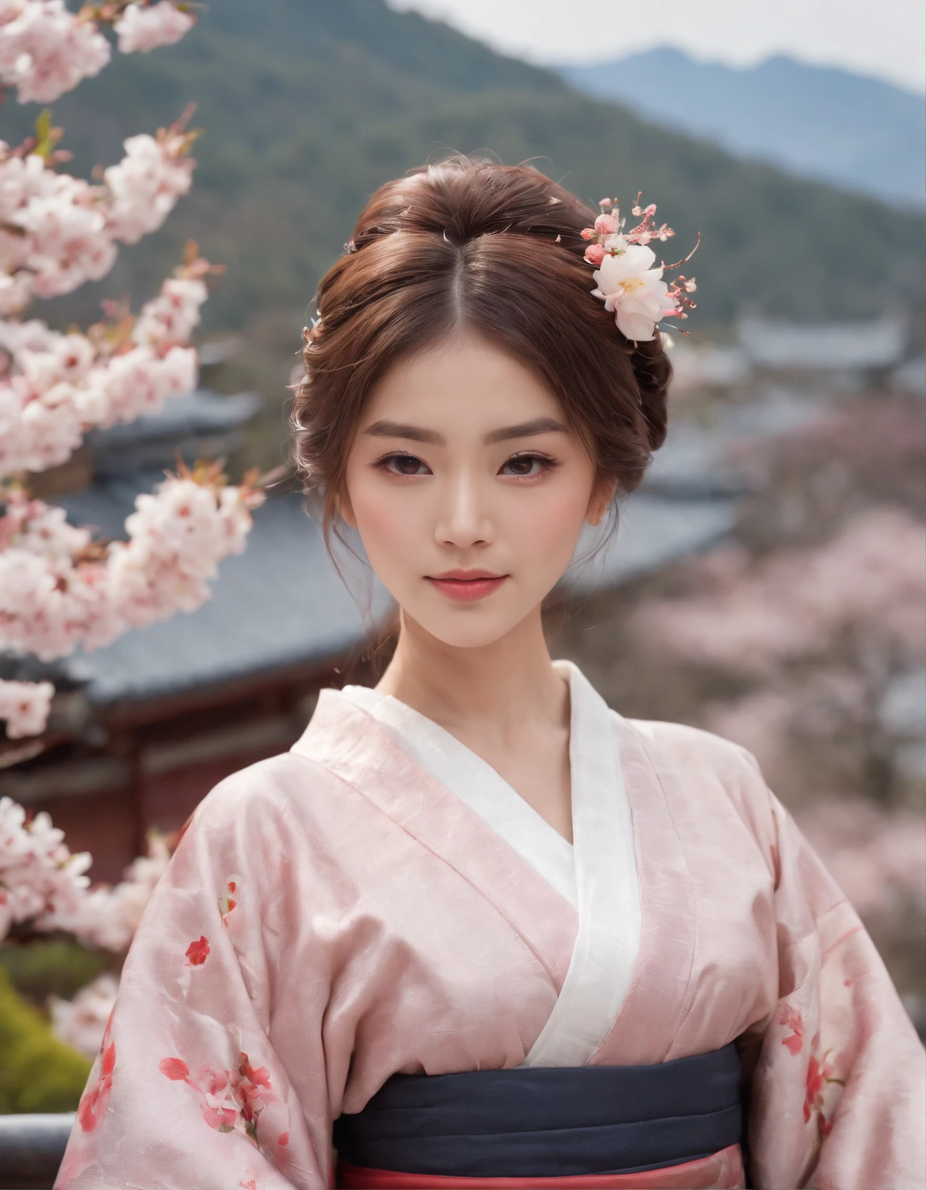 (best quality:1.4), (ultra highres:1.2), (photorealistic:1.4), (8k, RAW photo:1.2),(portrait shot:1.3), 1girl, solo, outdoor, cute japanese model girl, kimono, floral print, hair ornament, looking at viewer, hair flower, brown eyes, bangs, masterpiece, best quality, realistic, cherry blossoms, looking at viewer,the background is mount fuji and kyoto cityscape,