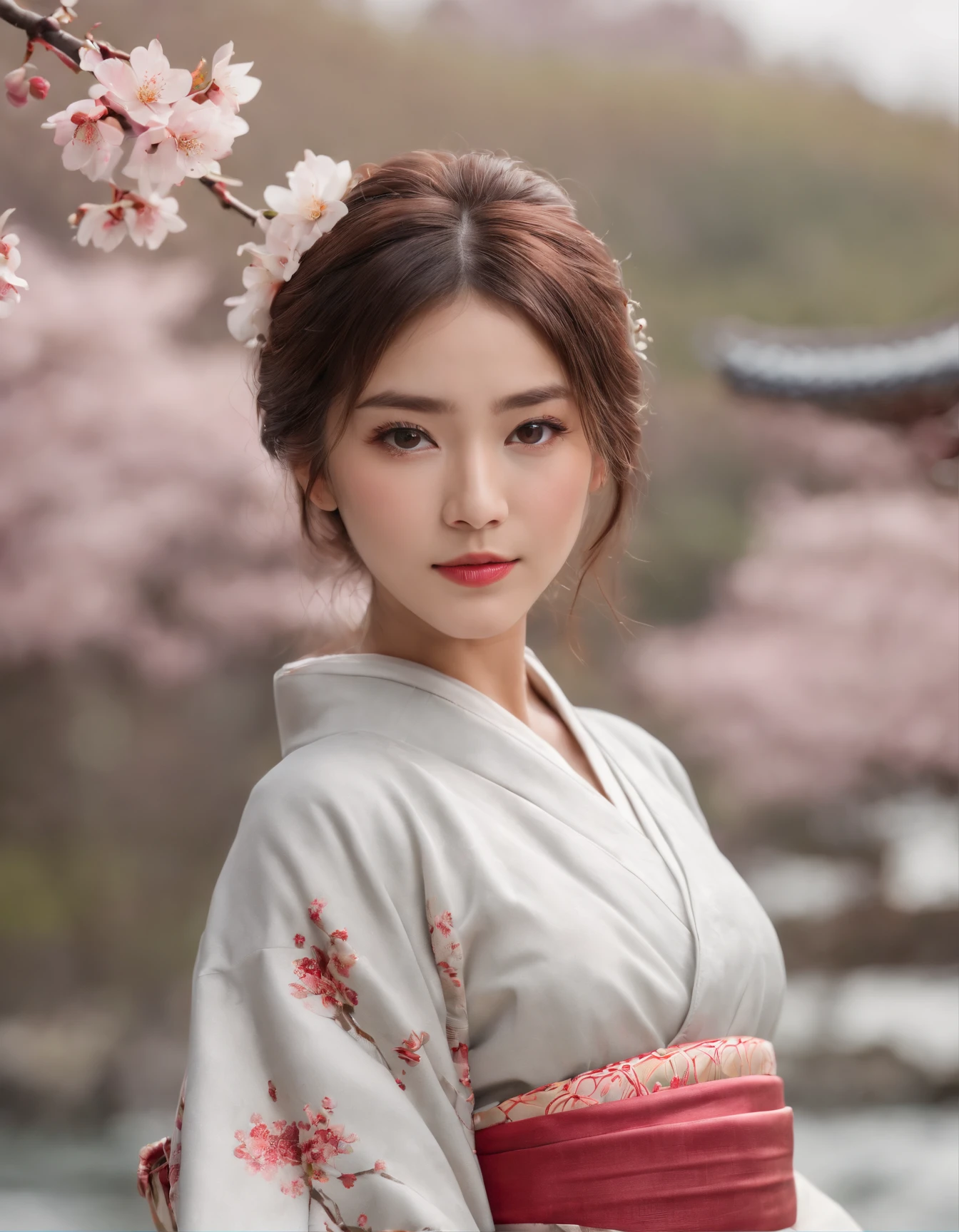 (best quality:1.4), (ultra highres:1.2), (photorealistic:1.4), (8k, RAW photo:1.2),(portrait shot:1.3), 1girl, solo, outdoor, cute japanese model girl, kimono, floral print, hair ornament, looking at viewer, hair flower, brown eyes, bangs, masterpiece, best quality, realistic, cherry blossoms, looking at viewer,the background is mount fuji and kyoto cityscape,