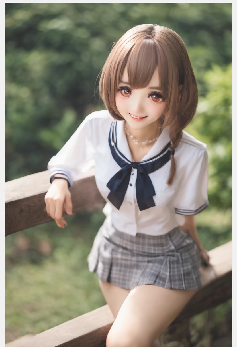 1girl in、A smile、The shirt、skirt by the、(small tits)chilarism、Japanese high school uniform、serafuku、Summer clothing、Squart-drenched uniforms、(Sheer bra)、Upper body portrait、Squat board