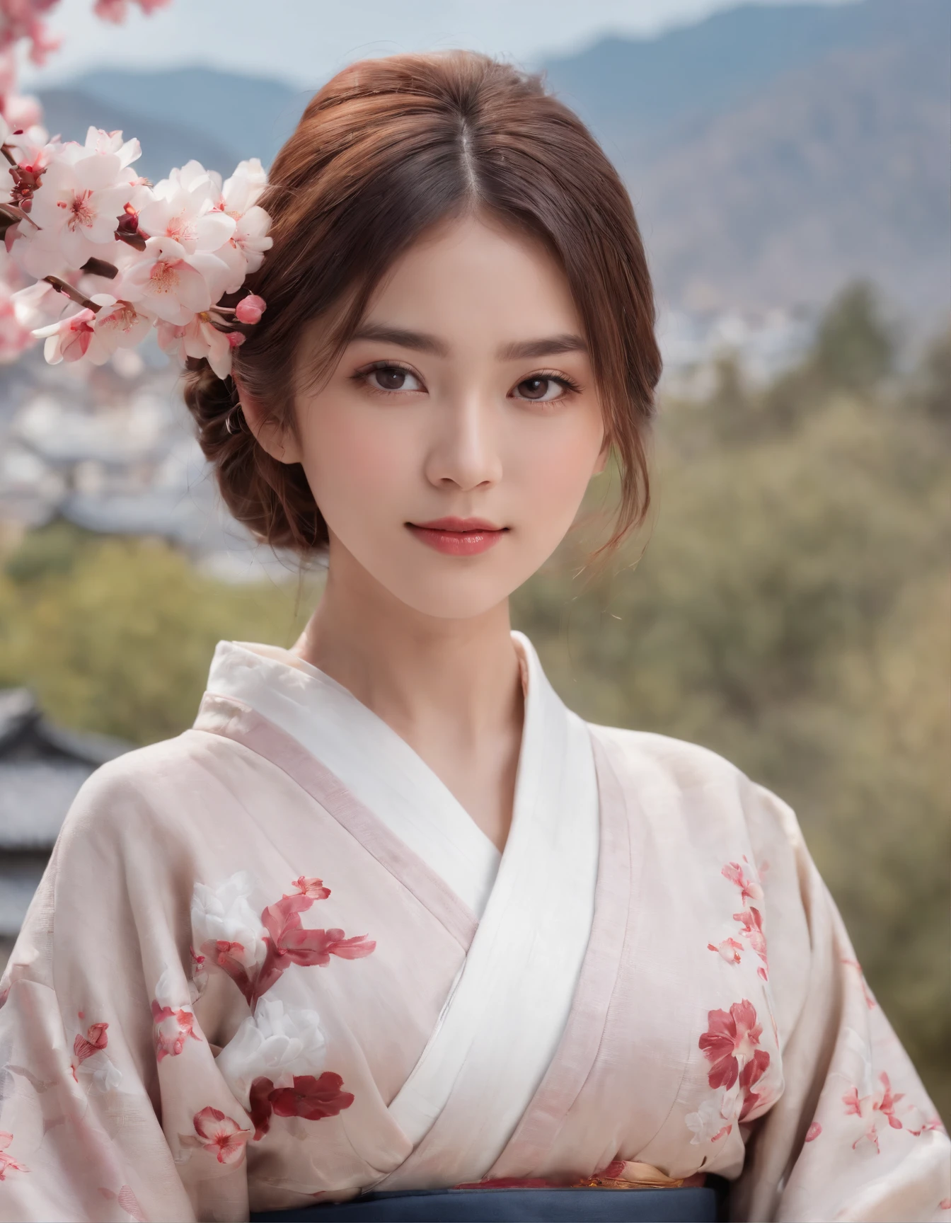 (best quality:1.4), (ultra highres:1.2), (photorealistic:1.4), (8k, RAW photo:1.2),(portrait shot:1.3), 1girl, solo, outdoor, cute japanese model girl, kimono, floral print, hair ornament, looking at viewer, hair flower, brown eyes, bangs, masterpiece, best quality, realistic, cherry blossoms, looking at viewer,the background is mount fuji and kyoto cityscape,