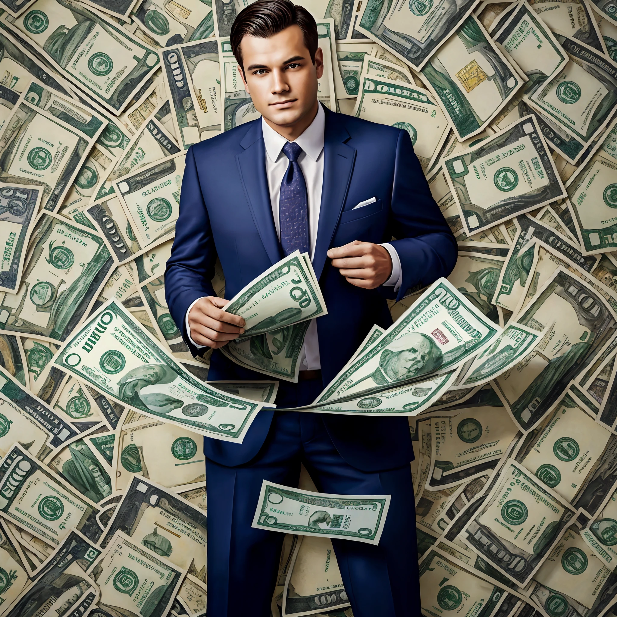 A detailed painting of a person in a suit, surrounded by a flurry of dollar bills, with the book Financial Freedom Formula in the center.