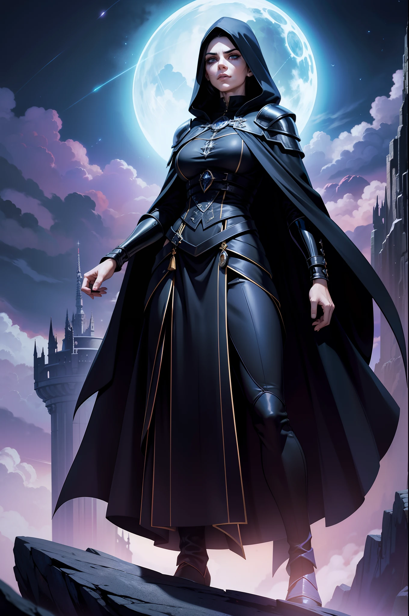 An adult mage character wearing a hooded robe and gothic armor with black details accompanied by an adult mage character wearing a robe, capuz. Tax Posture, face with serious expression, cabelo na cor preta liso preso, hair in black color a remarkable beauty, Magnificent, cor azul dos olhos, Purple sky with magnificent clouds, arms crossed in imposing pose and on top of a tall rock, cabelo curto cidade, portal, Magnificent, 8k, Simbolismo arcano, magia, poder