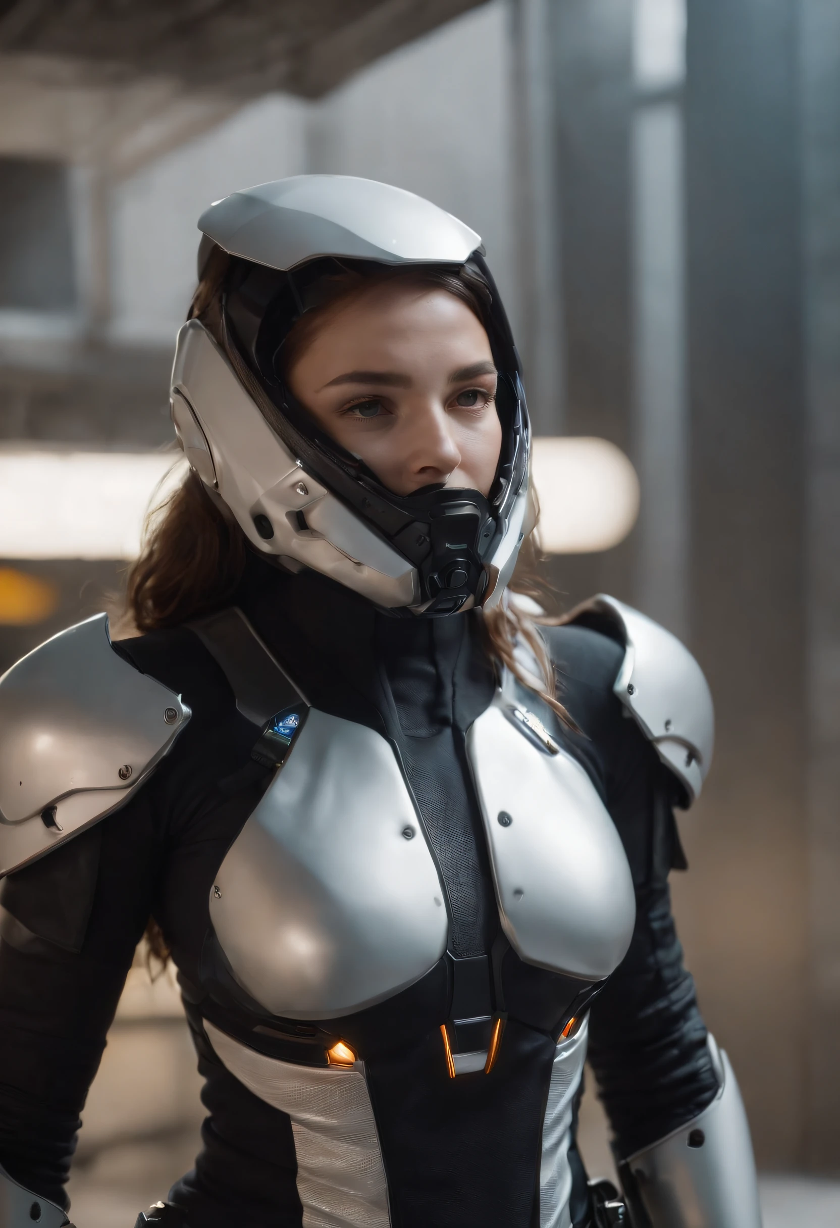 ((Calidad superior)), ((obra maestra)), ((realista)), (Los detalles), (Fotorrealista:1.5), La chica del futuro, Japoneses,(cuerpo grueso), (Traje blanco), 23years,La armadura se ilumina, Cyber hat, Abdominal exposure,Looking at the camera, dynamicposes, Science-Fiction, HDR, Trazado de rayos, NVIDIA RTX, Los ultra-Highres, Irreal 5, Sub-Surface Scatterring, Texturizado PBR, Post-procesamiento, Anisotropic filtering, Profundidad de campos, maximum sharpness and sharpness, Regla de los tercios、8K RAW、(Luminescent Particles:1.4)、(super-detailed CG、Unidad 8k Fondos de pantalla、....3D、lighting like a movie、destello de lente)、reflector、foco nítido、Arte cyberpunk、Arquitectura cyberpunk、