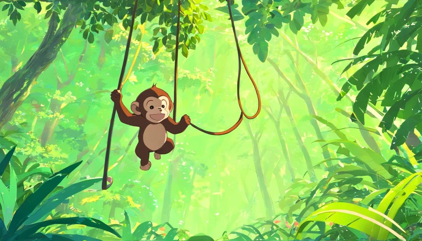 （Turn into a monkey），（Fly into a primeval forest），（Swinging vines），（Chuangfei passes by a monkey eating bananas），（Turn into a monkey），（Fly into a primeval forest），（Swinging vines），（Chuangfei passes by a monkey eating bananas），（Turn into a monkey），（Fly into a primeval forest），（Swinging vines）