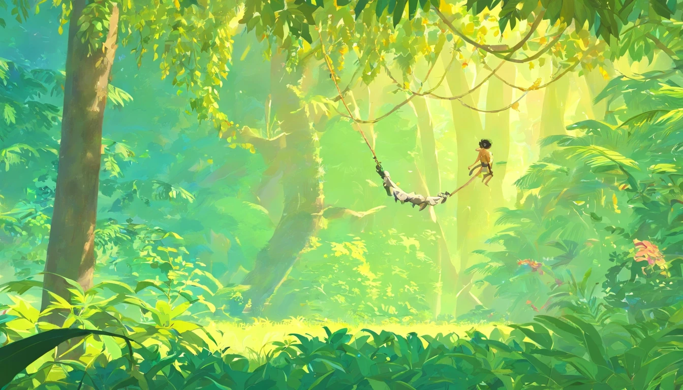 （Turn into a monkey），（Fly into a primeval forest），（Swinging vines），（Chuangfei passes by a monkey eating bananas），（Turn into a monkey），（Fly into a primeval forest），（Swinging vines），（Chuangfei passes by a monkey eating bananas），（Turn into a monkey），（Fly into a primeval forest），（Swinging vines）