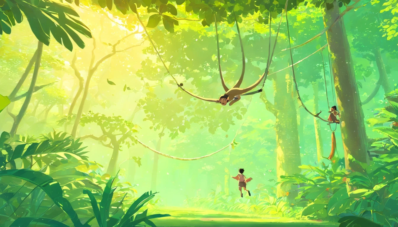 (Turn into a monkey),(Fly into a primeval forest),(Swinging vines),(Chuangfei passes by a monkey eating bananas),(Turn into a monkey),(Fly into a primeval forest),(Swinging vines),(Chuangfei passes by a monkey eating bananas),(Turn into a monkey),(Fly into a primeval forest),(Swinging vines)