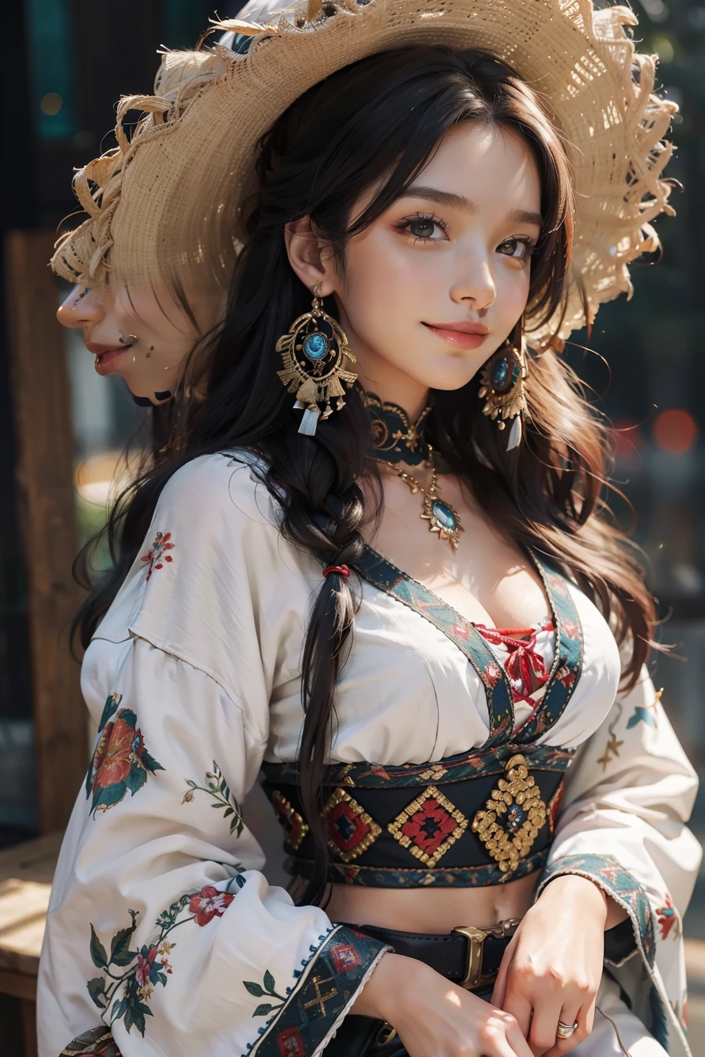 (masterpiece), (best quality), 8k resolution, 1girl, stunning beauty, perfect face, smile, mature female, 30yo, sexy, indigenous American clothes
