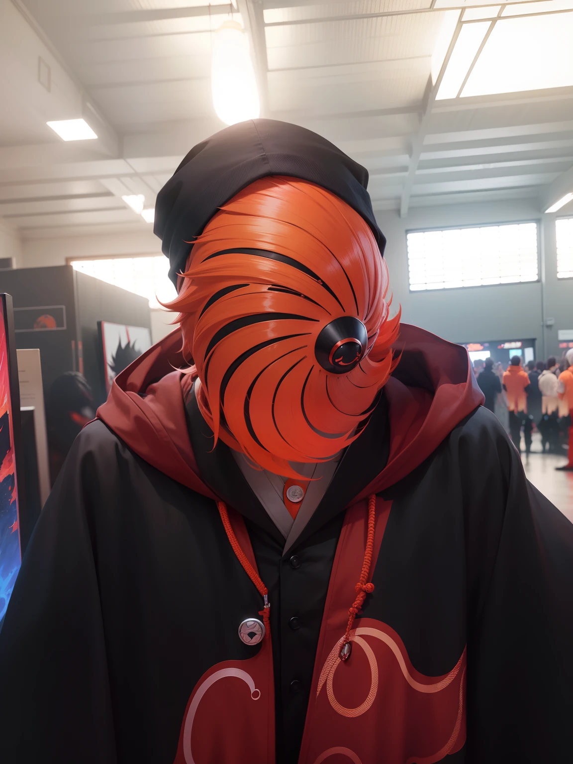 (best quality, ultra-detailed,highres:1.2), real anime-style portrait, detailed Tobi from Akatsuki, wearing a black cloak with red clouds, high-collared shirt, spiky hair upwards, orange mask covering one eye, vibrant colors, dramatic lighting