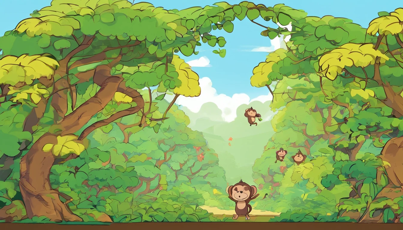 （Turn into a monkey），（Fly into a primeval forest），（Swinging vines），（Chuangfei passes by a monkey eating bananas），（Turn into a monkey），（Fly into a primeval forest），（Swinging vines），（Chuangfei passes by a monkey eating bananas），（Turn into a monkey），（Fly into a primeval forest），（Swinging vines）