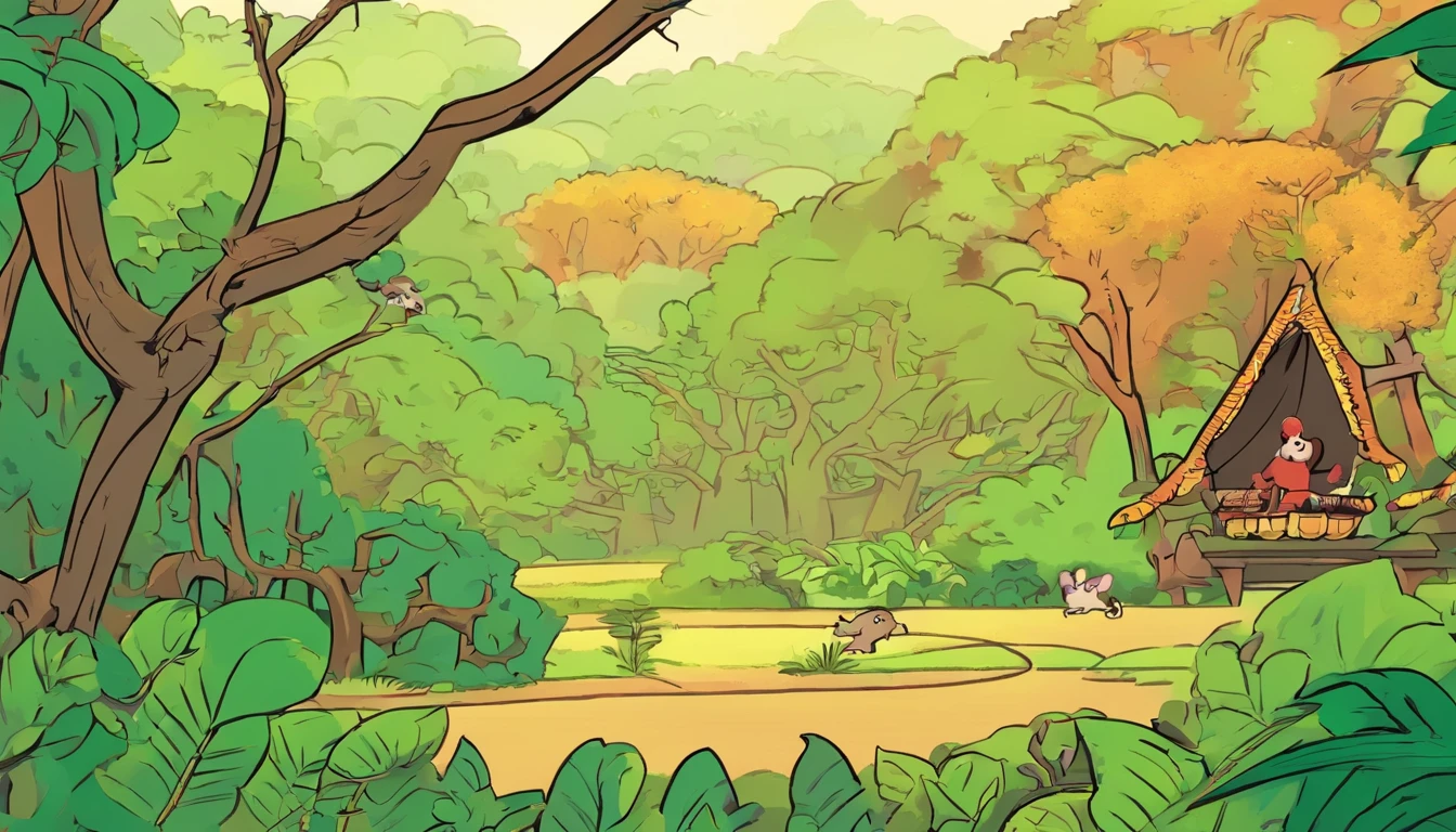 (Turn into a monkey),(Fly into a primeval forest),(Swinging vines),(Chuangfei passes by a monkey eating bananas),(Turn into a monkey),(Fly into a primeval forest),(Swinging vines),(Chuangfei passes by a monkey eating bananas),(Turn into a monkey),(Fly into a primeval forest),(Swinging vines)