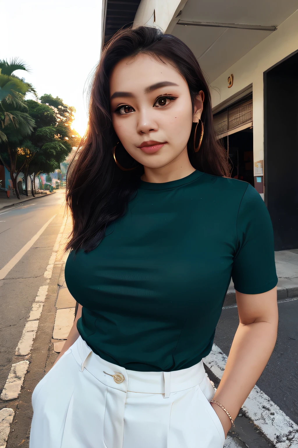 Photo beautiful woman, Emerald is realistic, absurderes, Black shirt, the street,the setting sun,Malaysian mixed