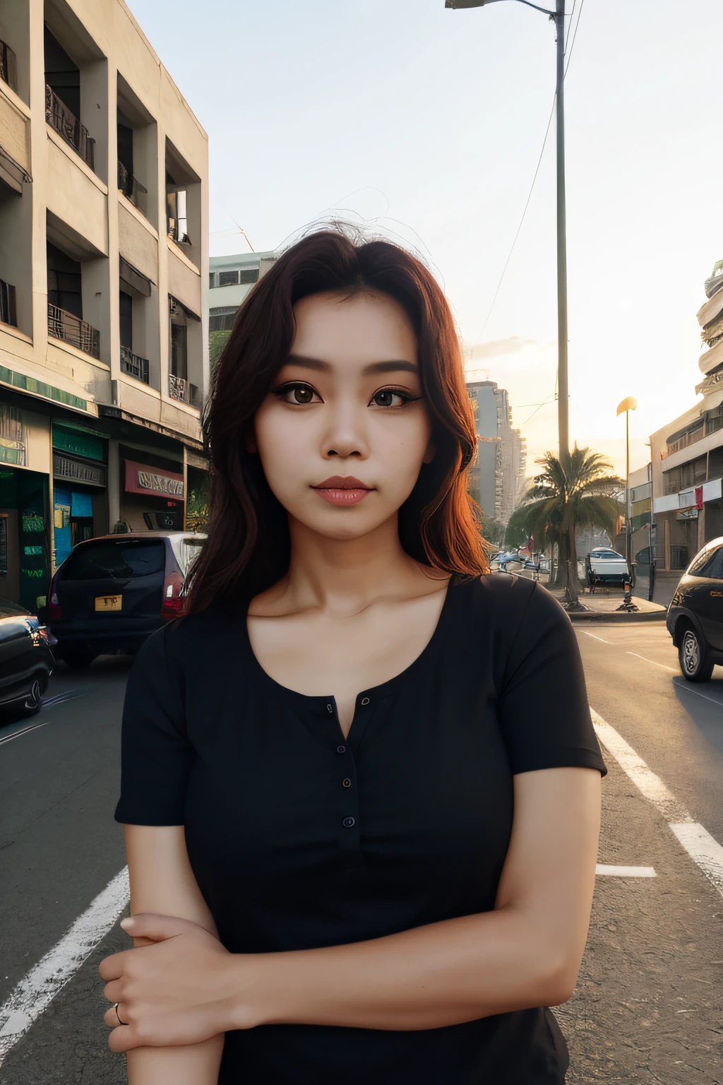 Photo beautiful woman, Emerald is realistic, absurderes, Black shirt, the street,the setting sun,Malaysian mixed