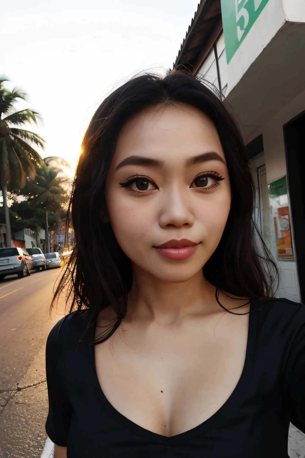 Photo beautiful woman， Emerald is realistic， absurderes， Black shirt， the street，the setting sun，Malaysian mixed