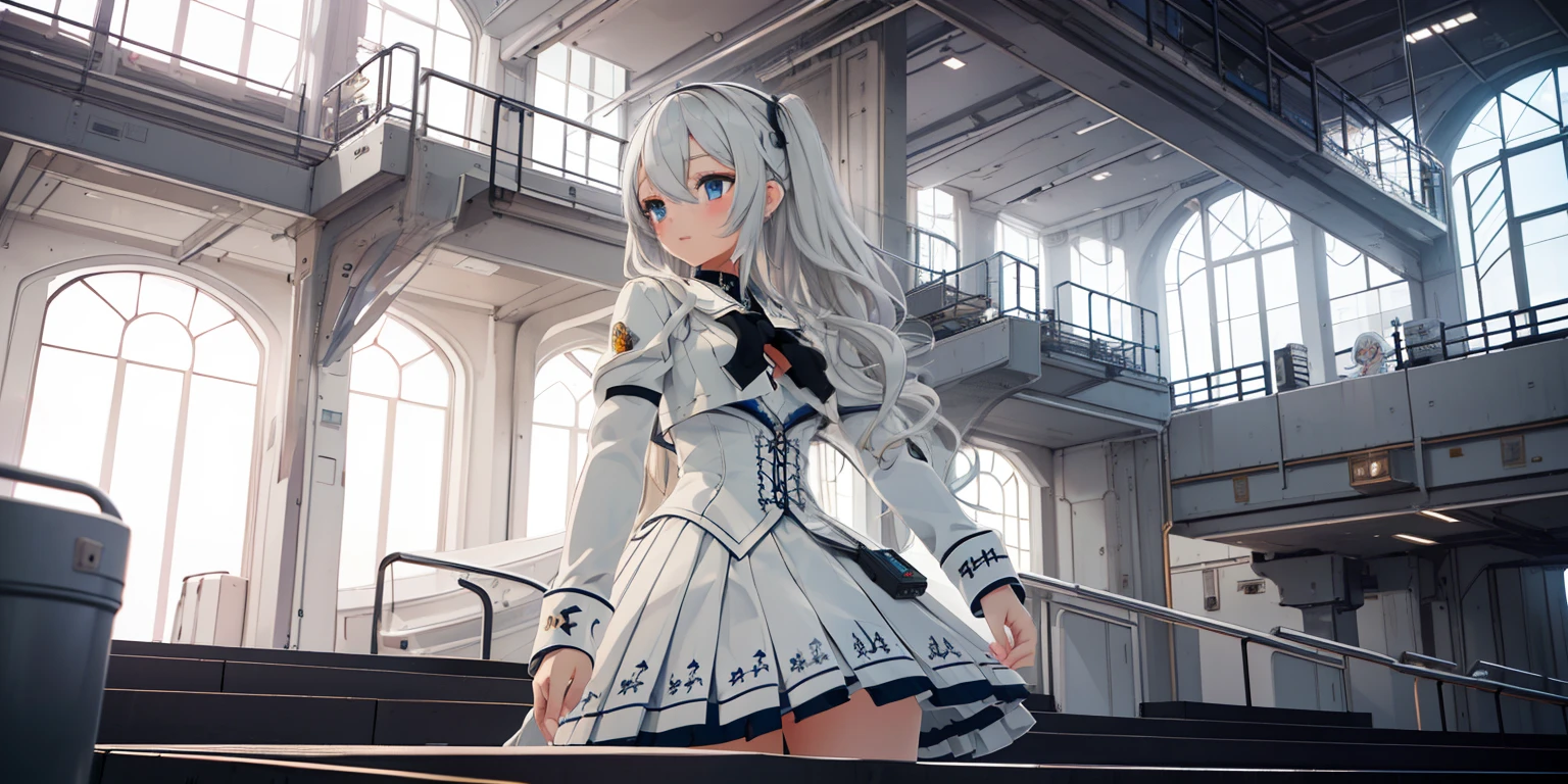 ((Best quality)), ((Masterpiece)), ((Ultra-detailed)), (illustration), (Detailed light), (An extremely delicate and beautiful),A charming young girl,White school uniform,long white hair,sense of science and technology,Futuristic style city