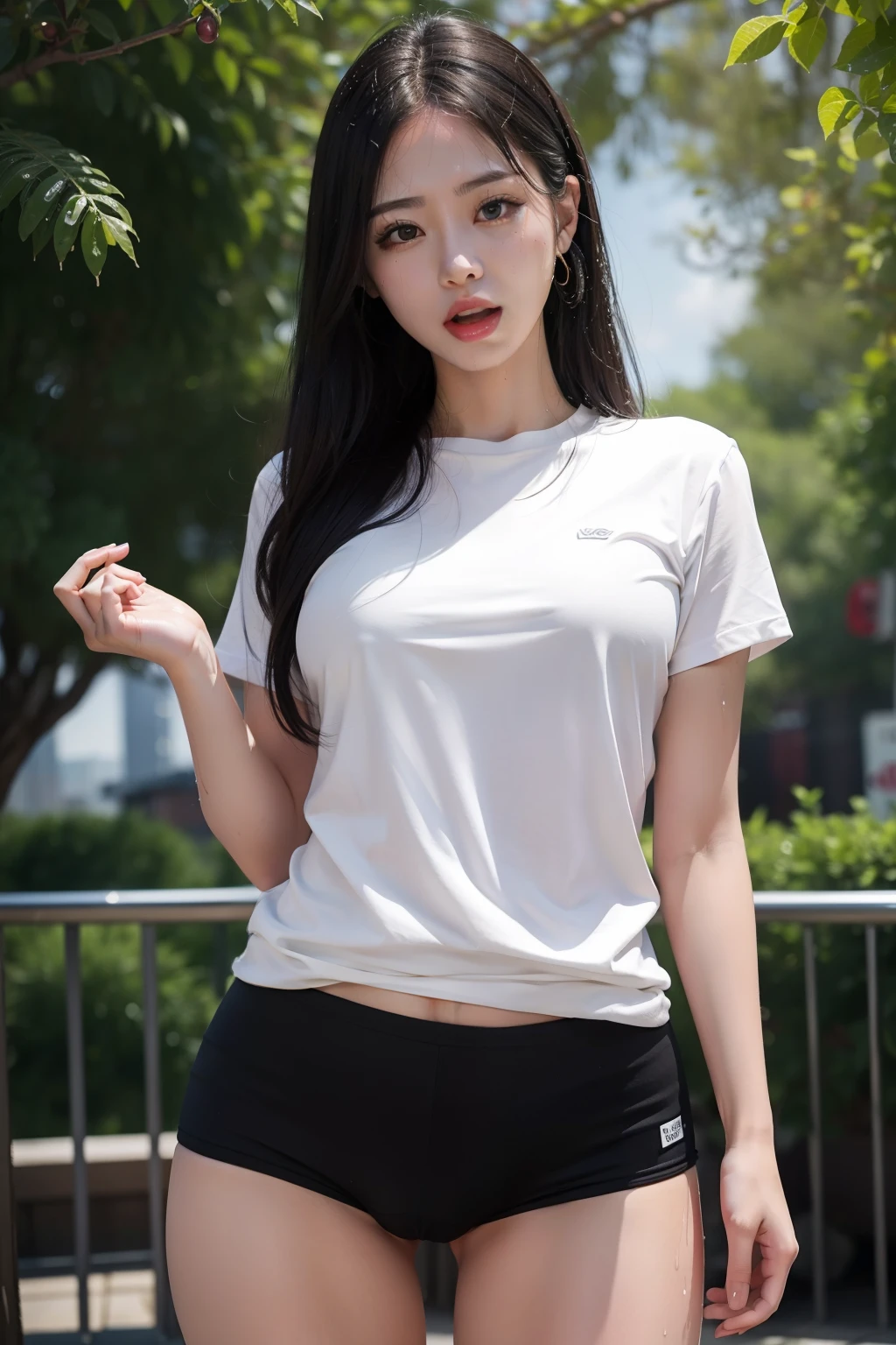 photo of young woman, thin body, slim, in white t-shirt, black pajamas tight shorts, standing, posing, detailed, photography, realistic, reality, high detail, bright light