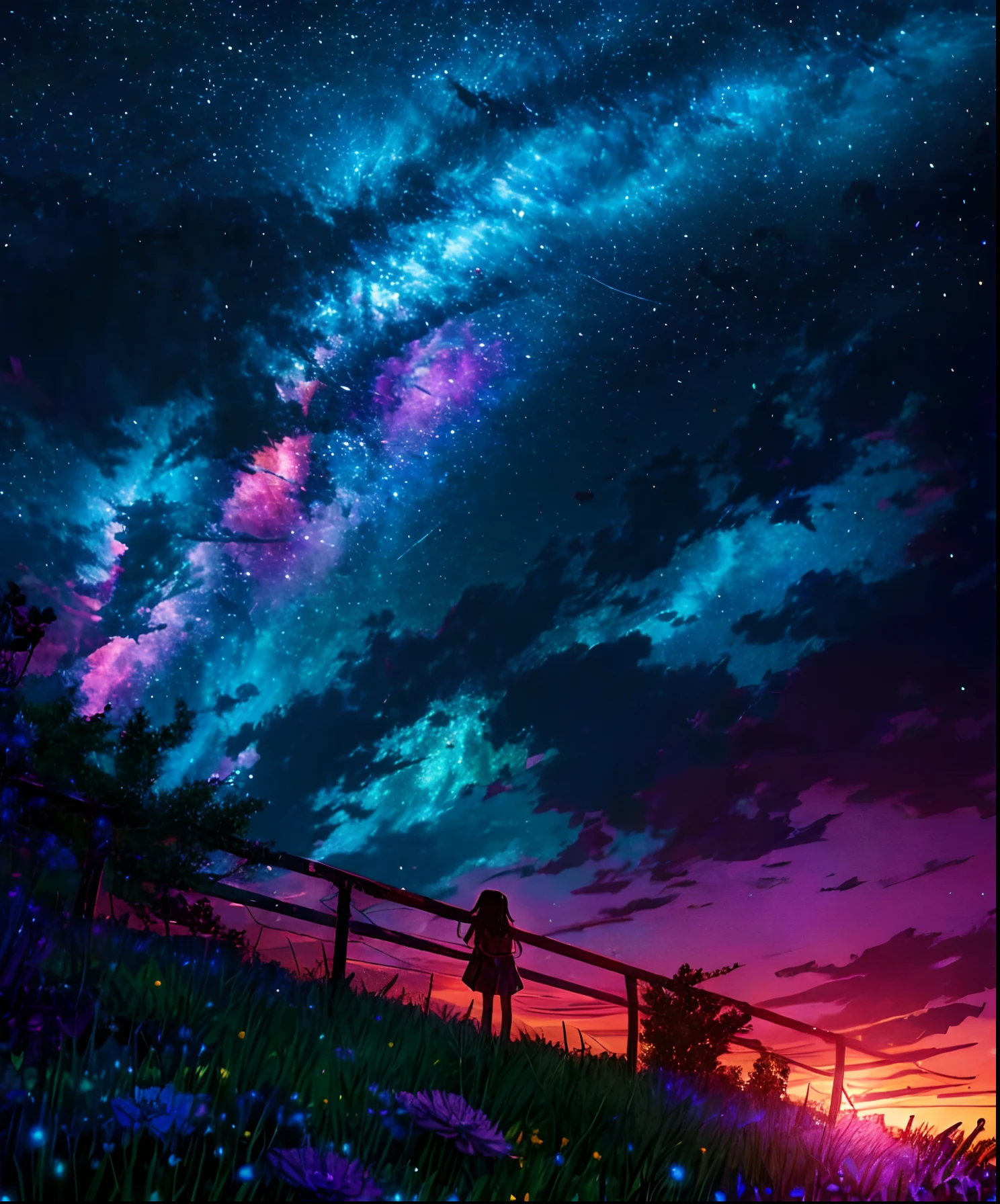 Describe a scene where a cute girl character is lying on a grassy hill, Looking up at the starry sky. Surround her with colorful nebulae and her favorite constellations.