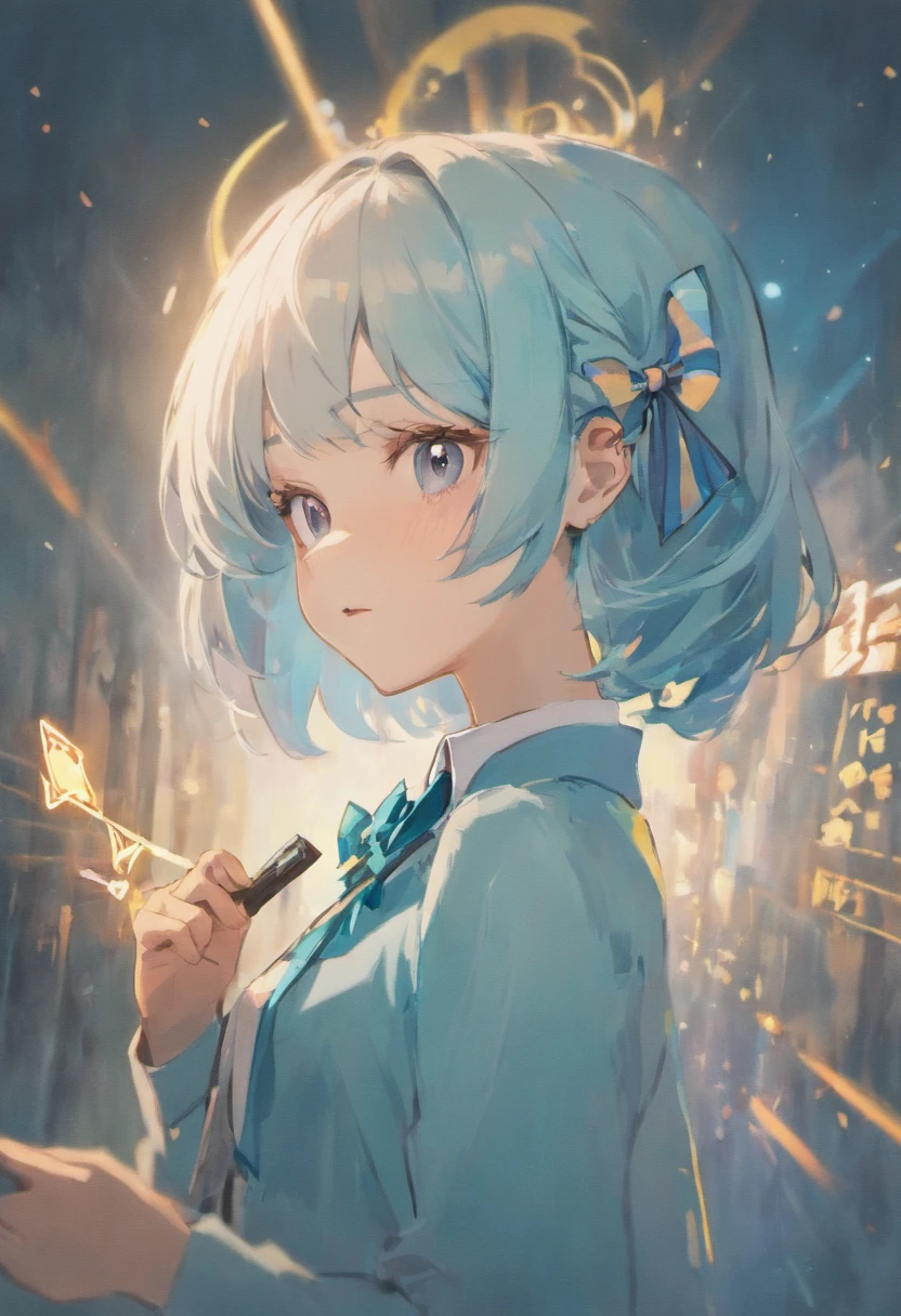 a girl with and light blue hair and a cute bow tie clip on her hair, face verry american-asian and verry pale, very pretty, wearing a japaneese type school shirt with a blue bow tie, shirt white, tie blue