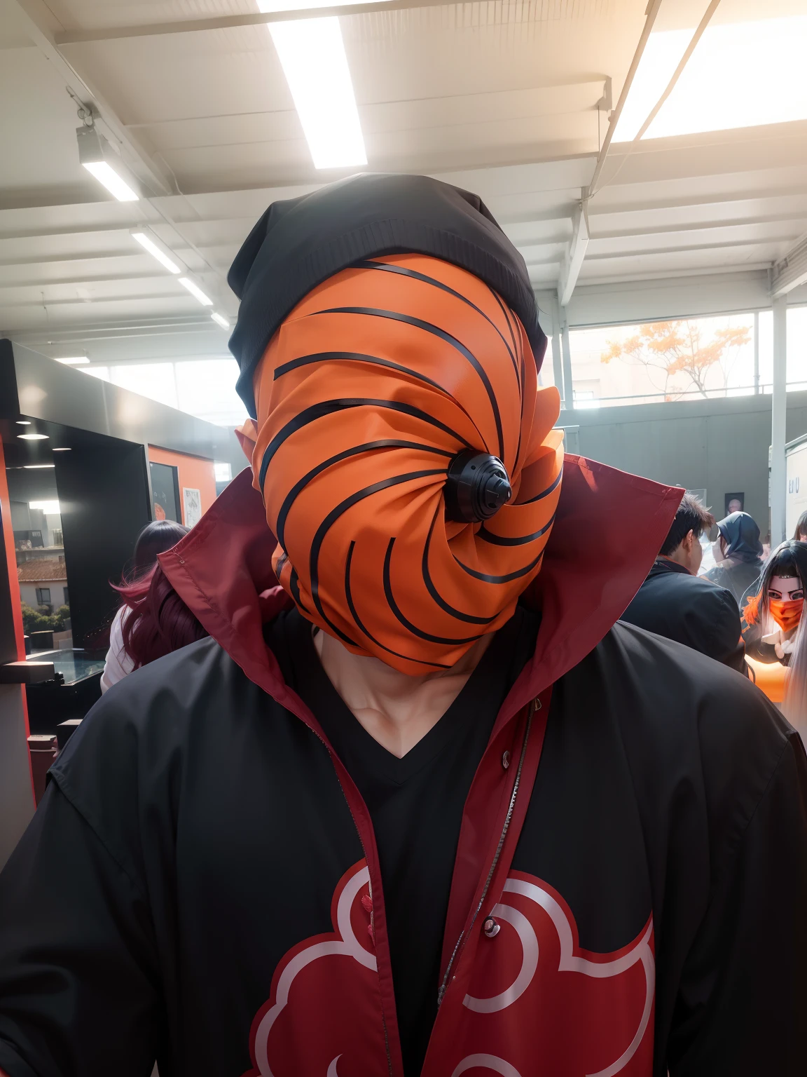 (best quality, ultra-detalhado,Altas:1.2), retrato real estilo anime, Tobi detalhado da Akatsuki, vestindo um manto preto com nuvens vermelhas, camisa de gola alta, cabelo longe estilo Madara, orange mask covering one eye, cores vibrantes, dramatic lighting