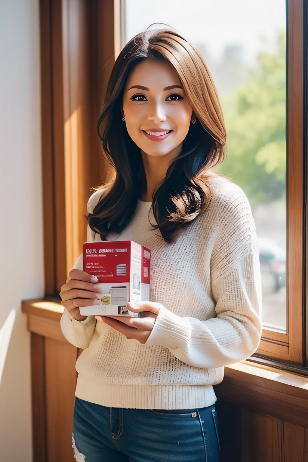 A beautiful woman holds a box of nutritional supplements in her hand,The view is indoors,warm,There is sunshine