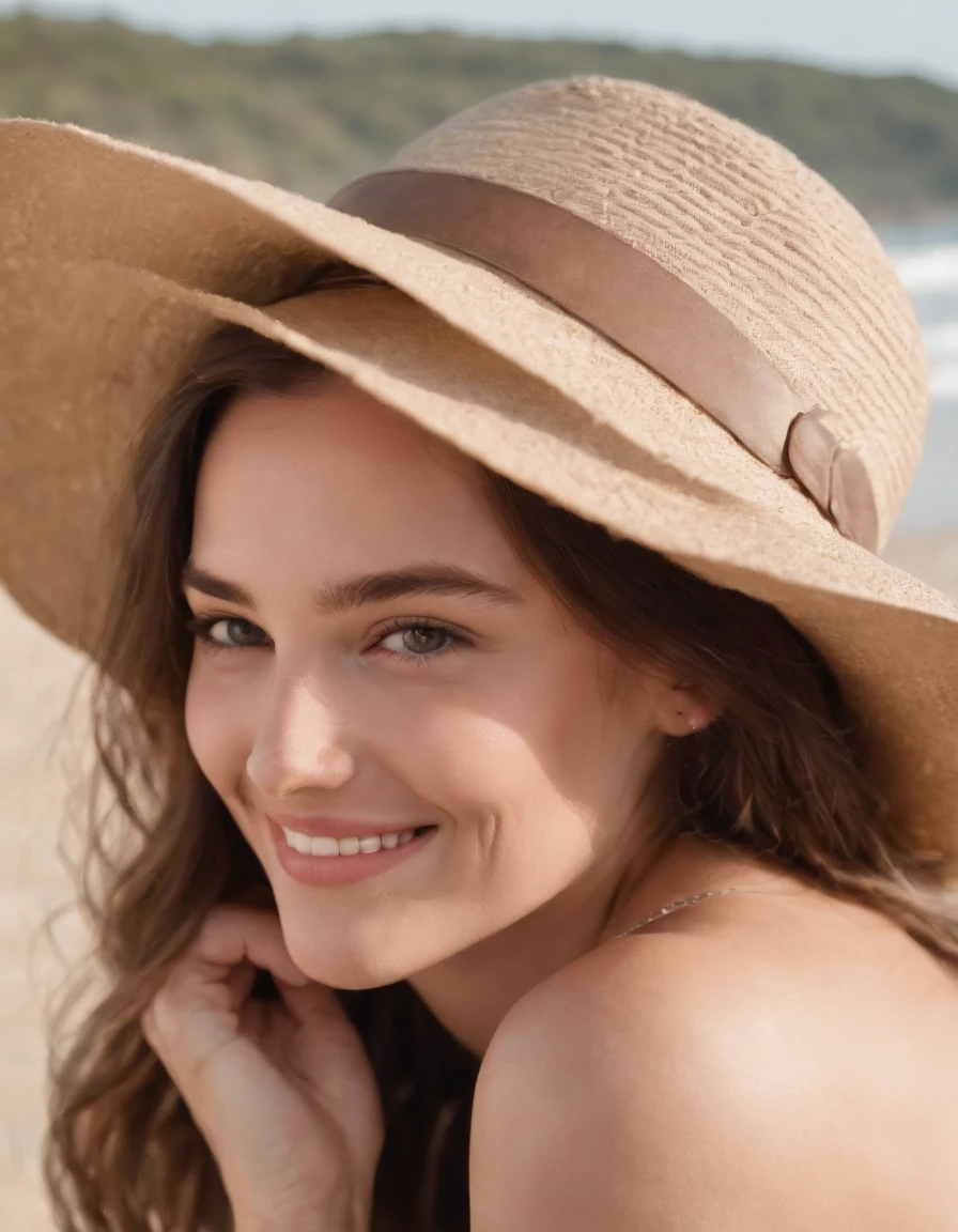 a young woman on a beach smiling wearing a hat, in the style of romanticized country life, naturalist aesthetic .