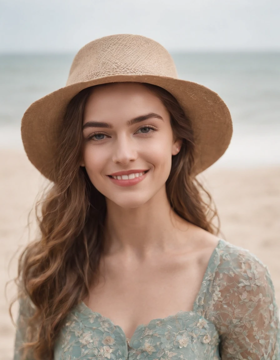 a young woman on a beach smiling wearing a hat, in the style of romanticized country life, naturalist aesthetic .