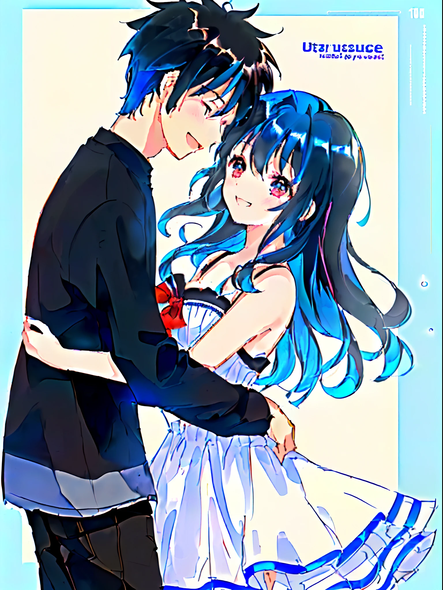 ((masutepiece)), ((Top image quality)), (1 girl, Black hair, Long hair, 10 years old, Cute:1.3), (1 boy, Blue hair, Short hair, 15 years old, Cool:1.3), (One boy hugs one girl:1.3), (Man and woman laughing face to face:1.3), ((Best Quality)), ((hightquality)), ((delicate illustration)), ((Ultra-delicate)),