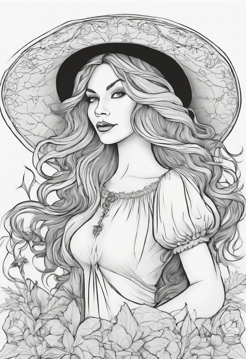 Line drawing,color no,Coloring book for kids,White background,Clear black lines isolated on white background,Halloween,the witch、Witch