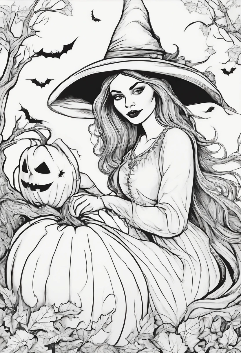 Line drawing,color no,Coloring book for kids,White background,Clear black lines isolated on white background,Halloween,the witch、Witch