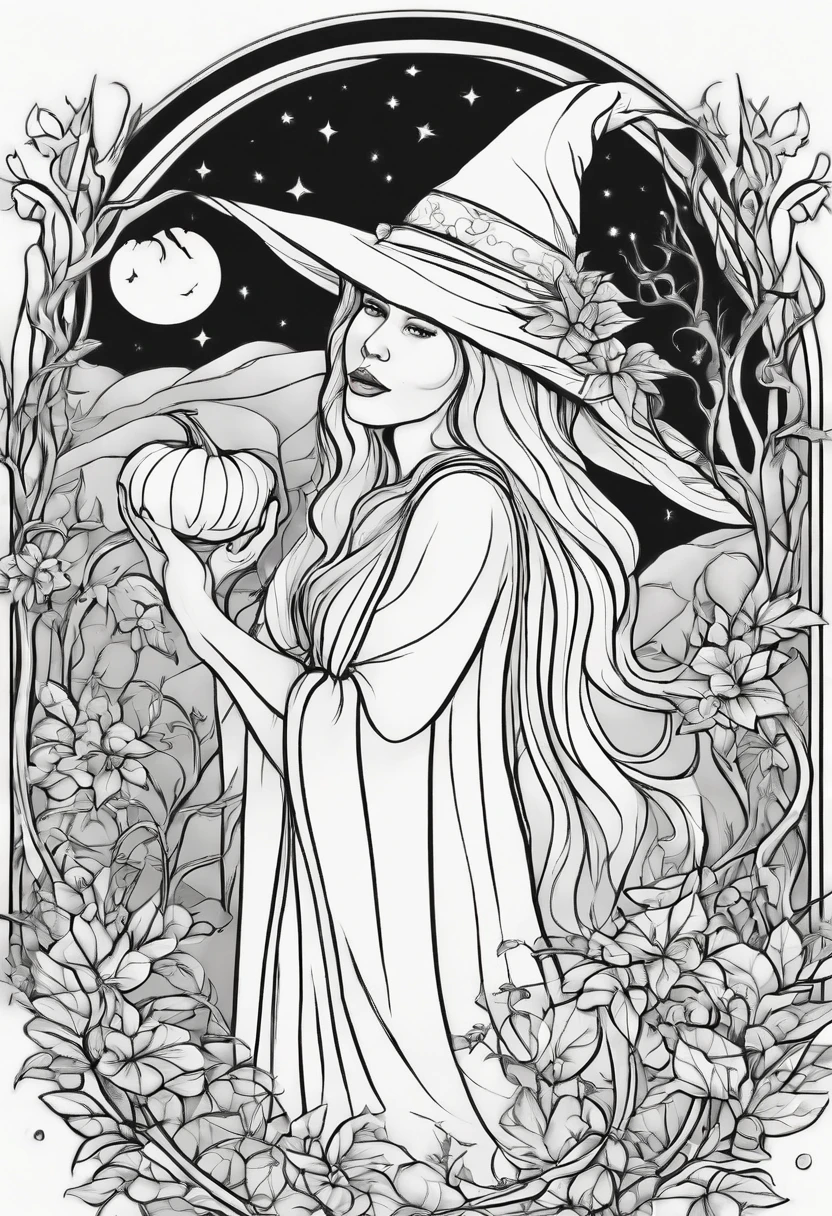 Line drawing,color no,Coloring book for kids,White background,Clear black lines isolated on white background，Halloween，the witch、Witch