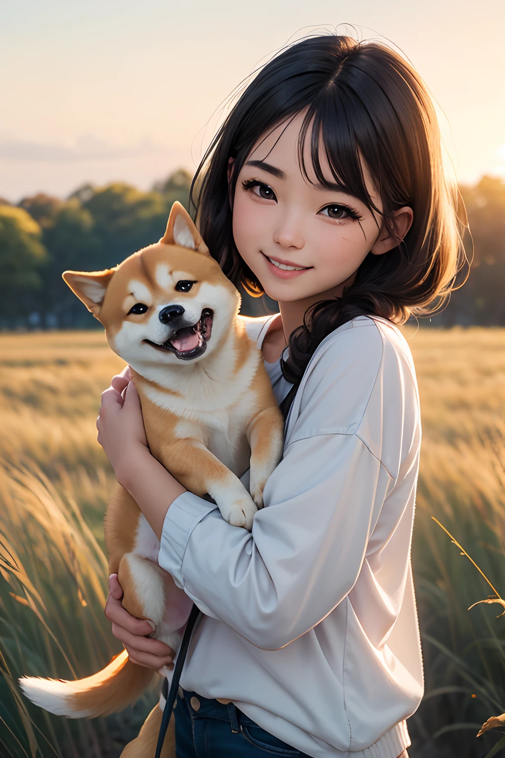 (Details of a very cute face), (Best Quality:1.4), 8K resolution, High resolution, 1girl, cute little girl, best cute, Super cute detailed face, Smooth skin, inely detailed beautiful eyes, Fine skin texture, , Parted lips, Japanese, short stature, casual fashion, happy smile, Shiba Inu puppy, lead, Walking a Shiba Inu puppy, grassland