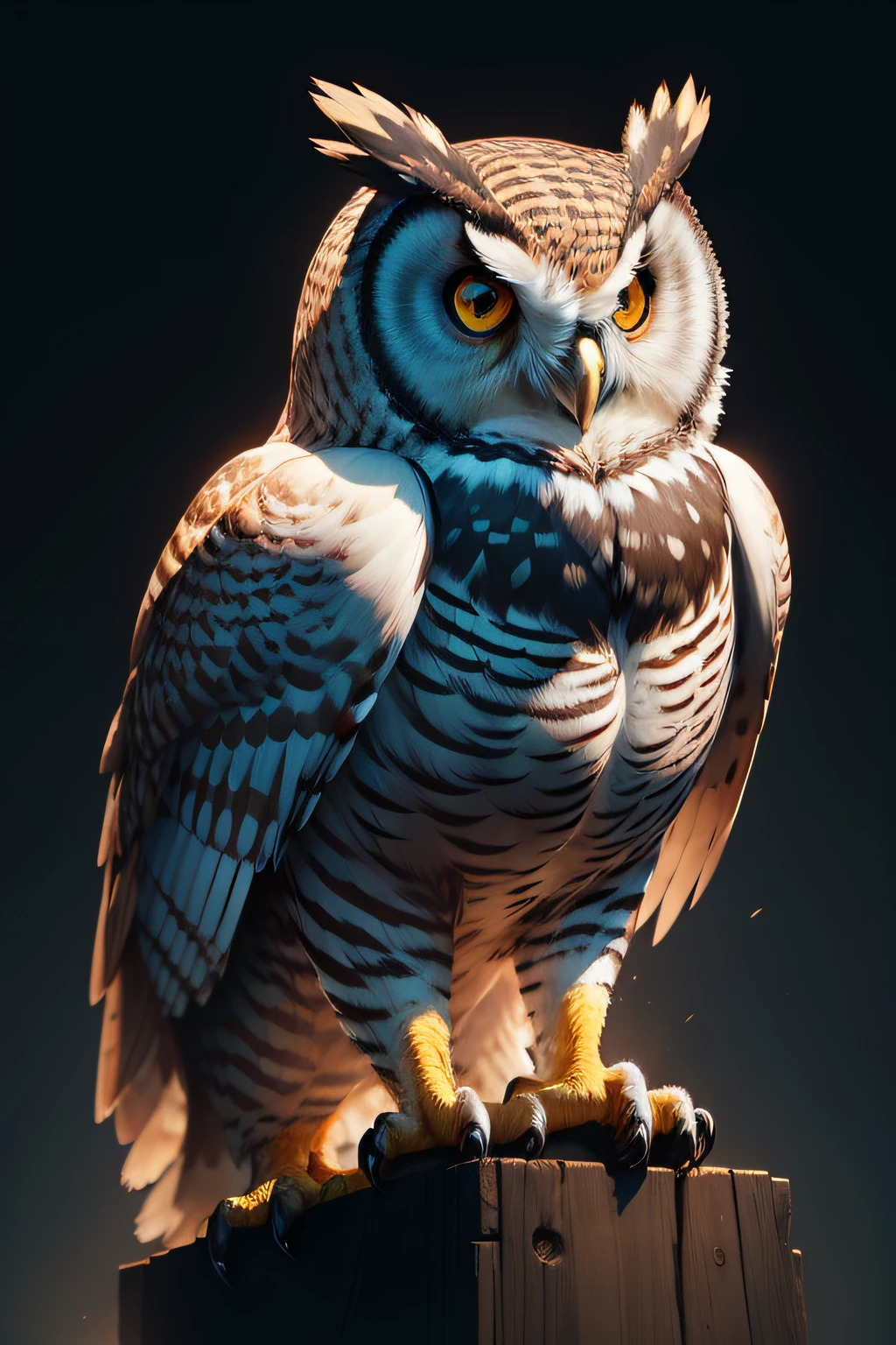 owl, T shirt design, illustration, realistic, 8K, cinematic, vibrant rich colors, high contrast, black background, full size body, no crop