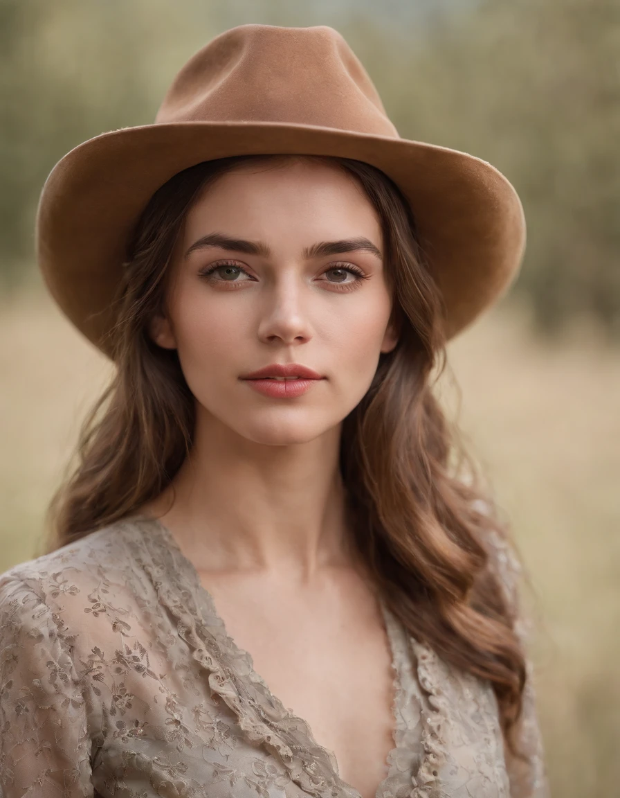 a young woman wearing a hat,cowboy, in the style of romanticized country life, naturalist aesthetic .
