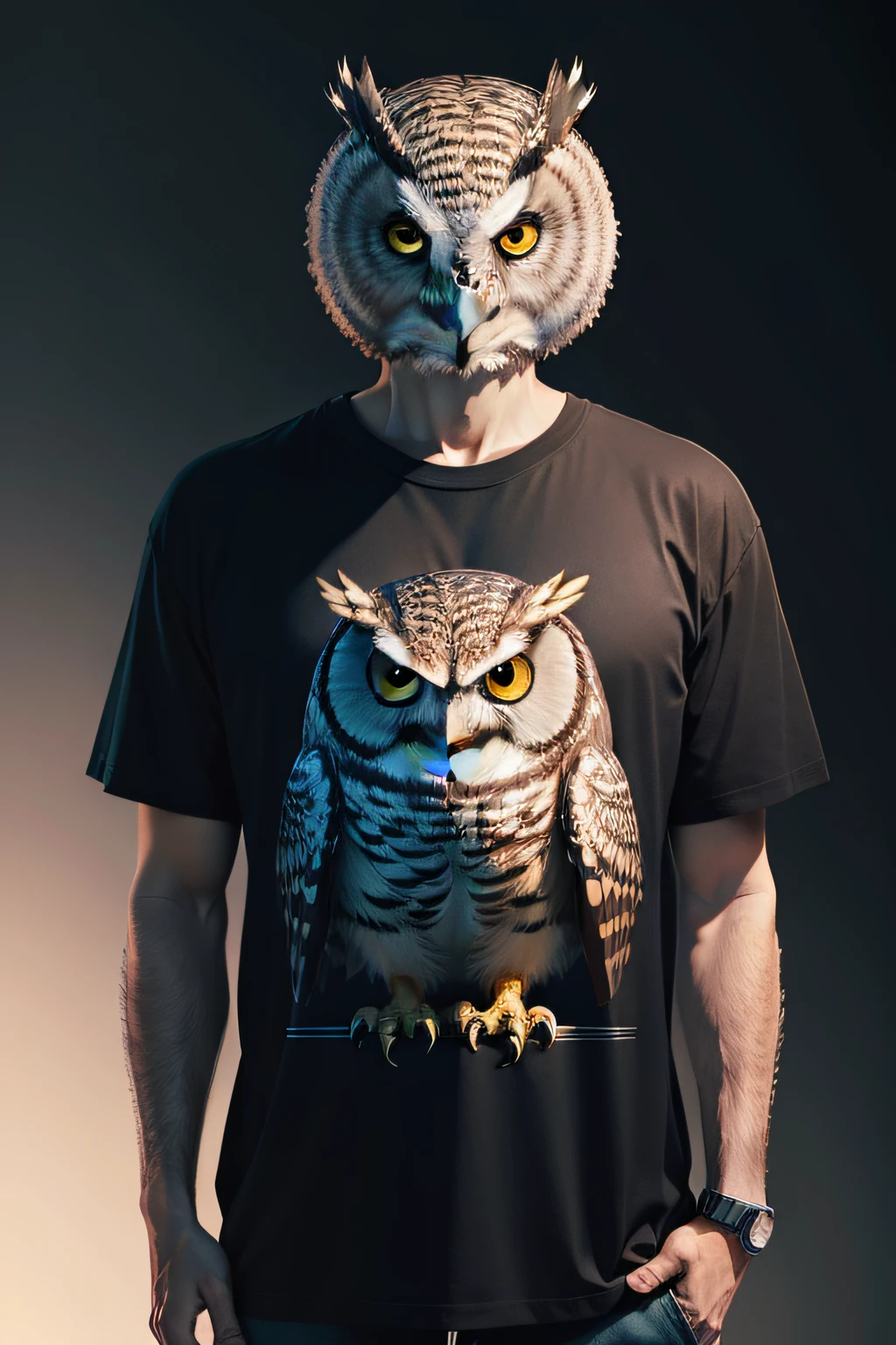 owl, T shirt design, illustration, realistic, 8K, cinematic, vibrant rich colors, high contrast, black background, full size body, no crop