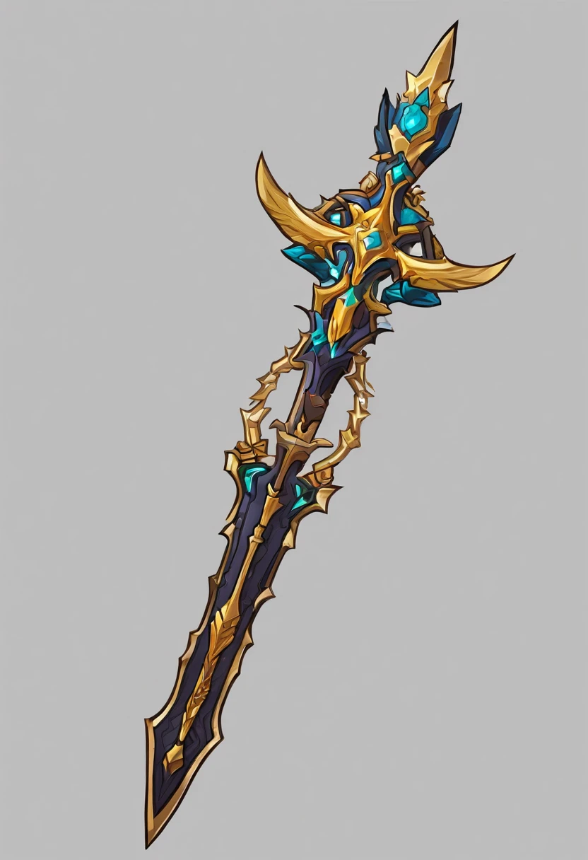 um close up de uma espada com um design dourado e roxo, design de espada, espada de fantasia, espada enorme, arte da arma do RPG de fantasia, espada bonita, espada grande, Espada de fantasia de guerreiro, espada grande, Espada de Ouro, epic fantasy weapon art, war blade weapon, arte de armas de warcraft blizzard, arte conceitual de arma, intricate fantasy spear, Espada de corrente no outro, Item de jogo de RPG, espada dentro do escudo, estilo terceira classe Ronan do jogo Grand Chase, preto com detalhes dourados