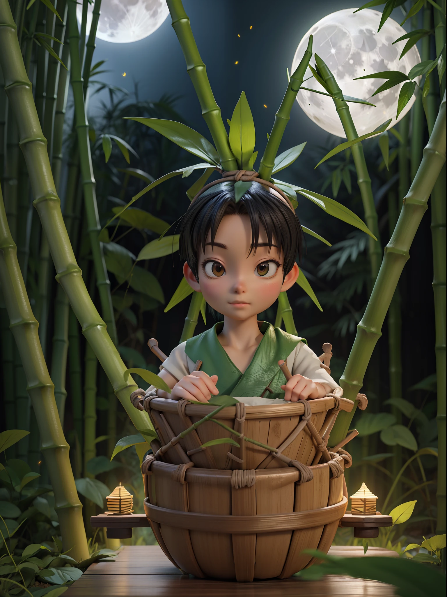 Silent night, quiet bamboo forest, bamboo leaves falling with the wind, full moon in the sky, fireflies flying 3d animation masterpiece collection award winning artwork, 3d animation style