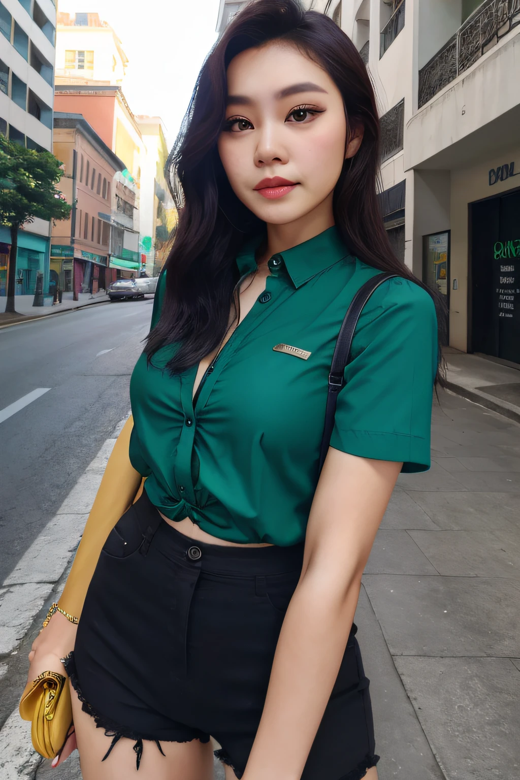Photo beautiful woman, Emerald is realistic, absurderes, Black shirt, the street,Malaysian mixed