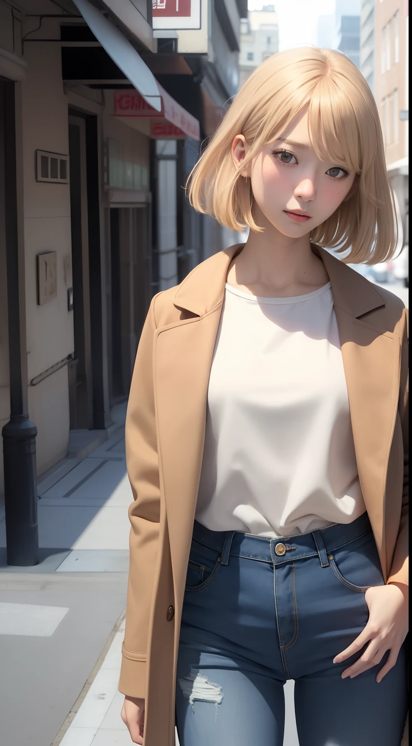 best quality, (masterpiece:1.2), highly detailed, day, city, street,
1girl, solo, cha hae-in, closed mouth, blush, from front, standing, looking down, hands together
blonde hair, short hair, brown eyes, brown coat, jeans