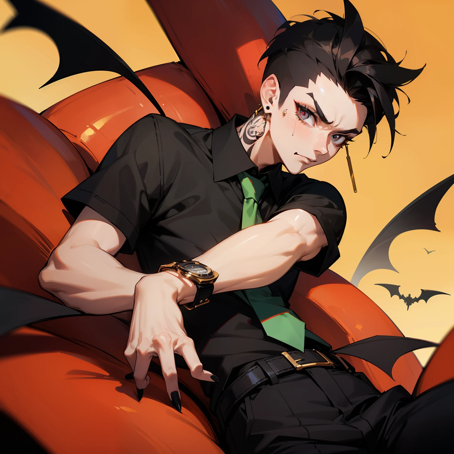 Man in shirt and tie, Male Focus, a belt, Black shirt, The tattoo, Short sleeves , Short hair, Black Short Sleeve Polo Shirt, Green tie, Black pants, punk, Raised eyebrows, Floppy bangs, Spiky back hair, Undercut , Simple black earrings, devil, Bat, Angry face, Black nails, Tattoos all over the arm, big eye, Black Eye Makeup, Wearing hair on the ears, Forehead, ssmile, wrist watch, Black Bangle, Square Thailand、Golden highlights on the hair、Mesh on hair、Black tears、Black eyeshadow