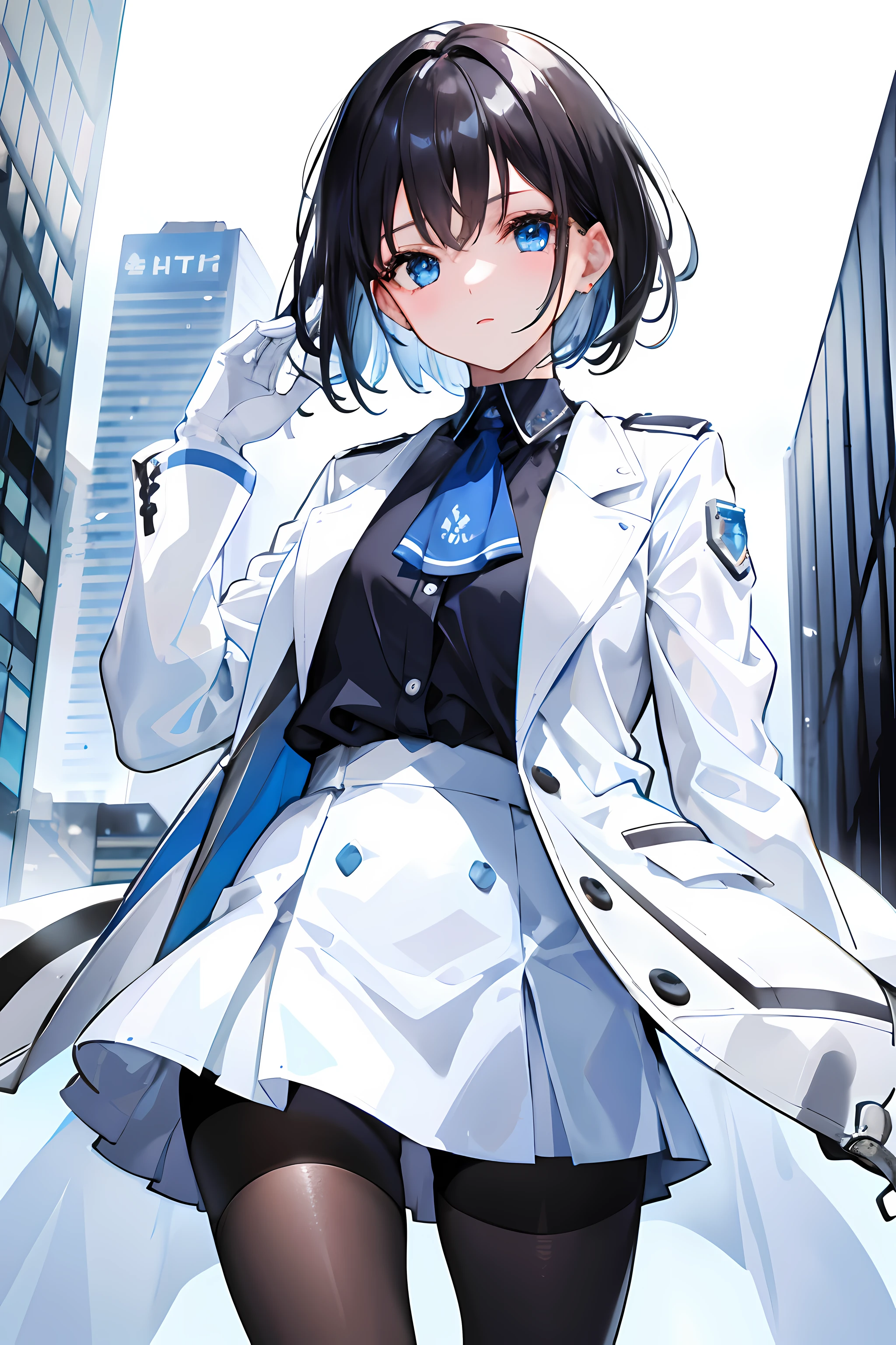 One girl, short black hair, blue eyes, wearing white blouse, jacket, wearing white gloves, city, absurdres, high res, ultrasharp, 8K, masterpiece, looking at viewer