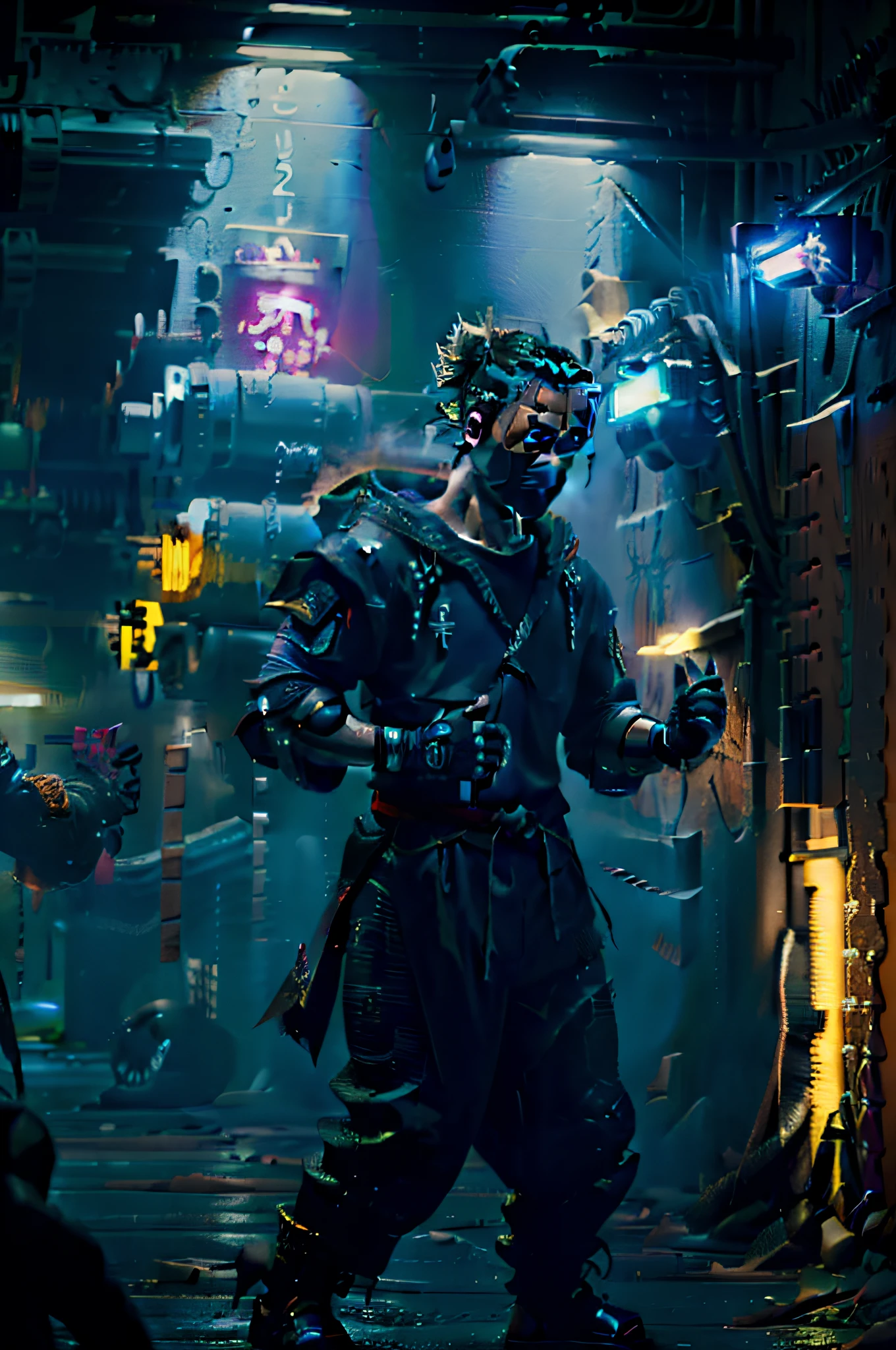 Cyberpunk-style mechanical ninjas fight in the dark of night