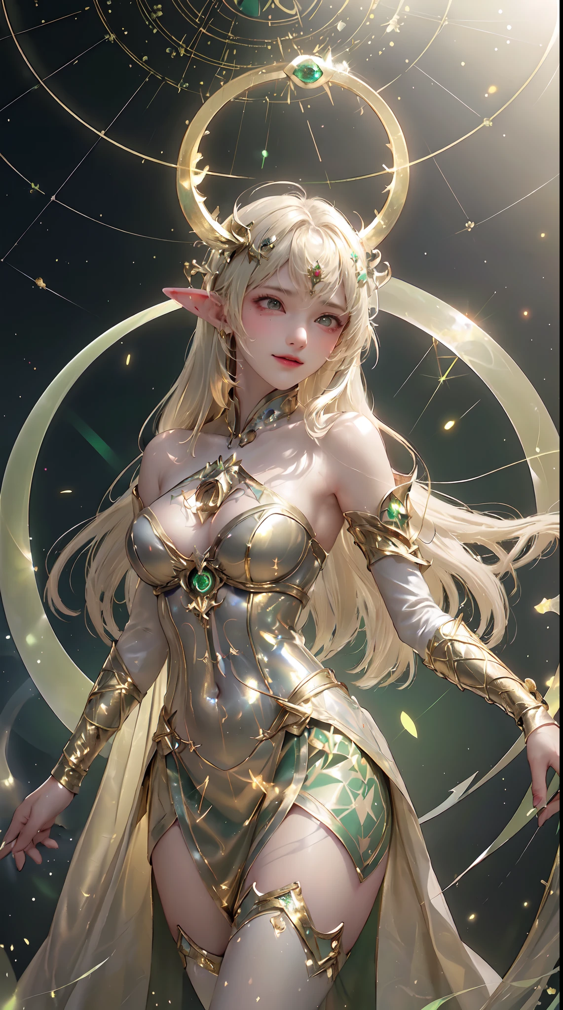 (((Masterpiece, highest quality, high definition, high detail)))), ((((Fantasy)))), one, (Elf woman)))), (short white skirt embroidered with gold), (Blonde long straight hair), (Fine dark green eyes)))), (Green cloak armor with gold embroidery)), Big, (Strong wind), (Cast spells)), (A lot of glowing grains are flying), ((( A vortex of light gathers in the hand))), (((Magic circle of light densely drawn with geometric patterns and magic letters in the background))), ((Many glowing green arrows are released)), forest, magic circle reflected in cloak