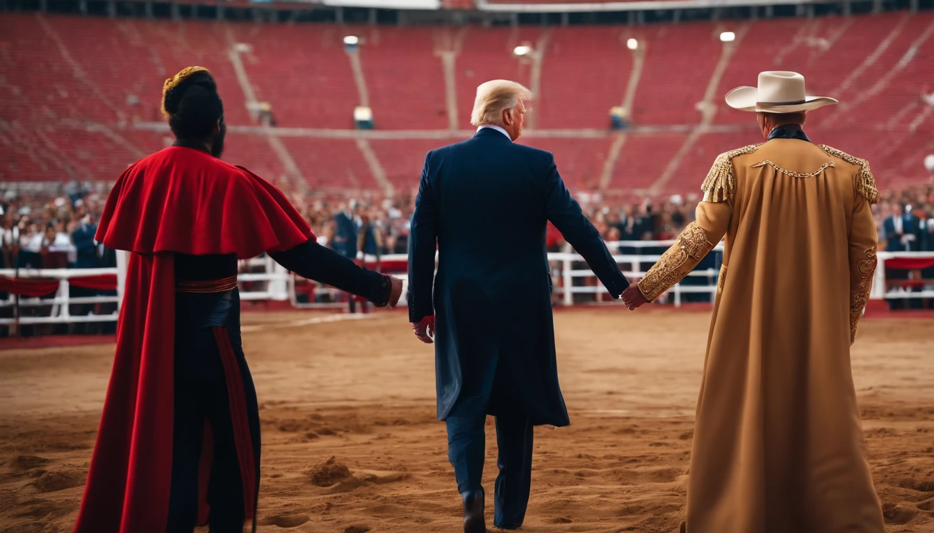 Donald Trump, vestido de torero con su gran capa roja, toreando a Joe Biden como si fuera un todo furioso, fondo plaza de toros, phot realista, 8K resolution, Altamente detallado, Obra maestra