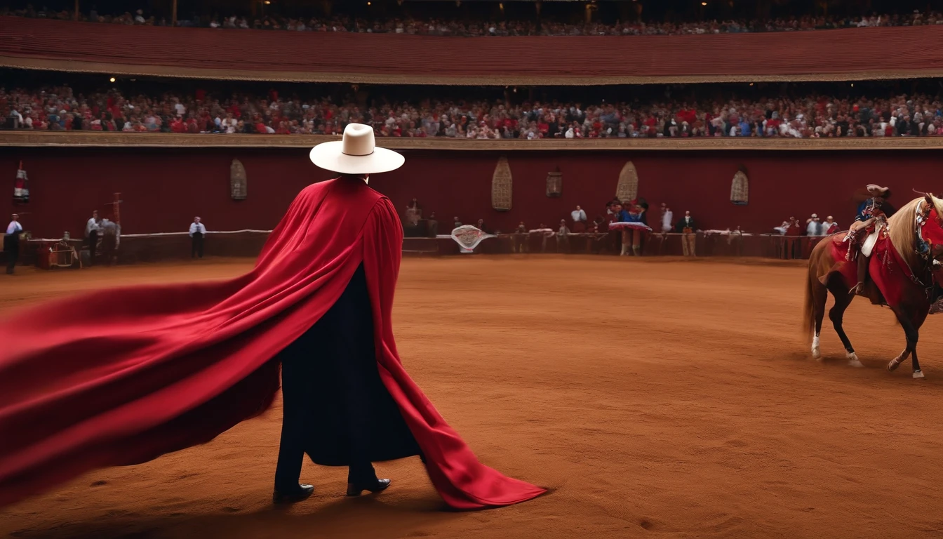 Donald Trump, vestido de torero con su gran capa roja, toreando a Joe Biden como si fuera un todo furioso, fondo plaza de toros, phot realista, 8K resolution, Altamente detallado, Obra maestra