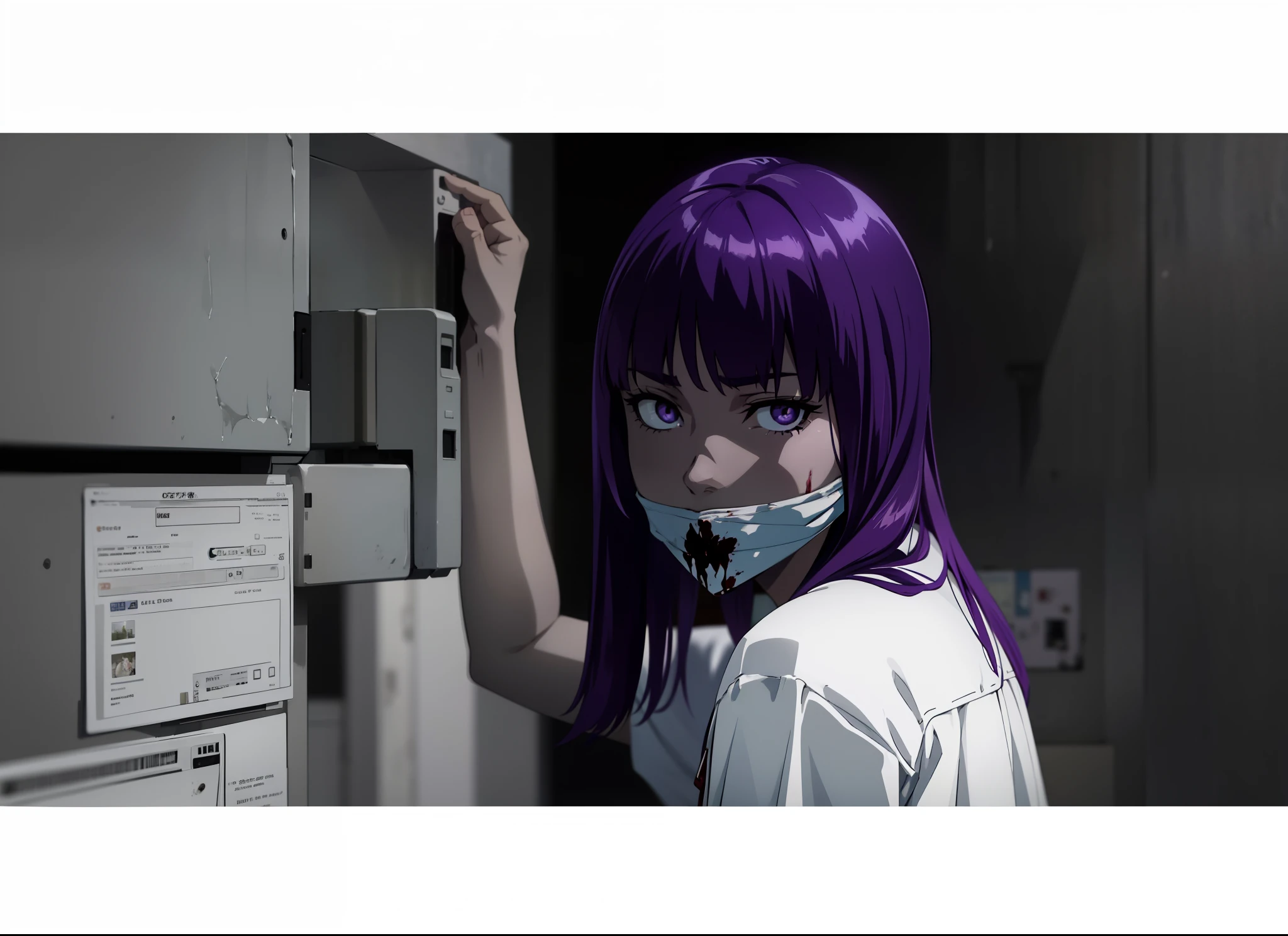 Anime scene, 1girl, high girl, purple hair, mouth covered up with white fabric,blood on fabric, looking at viewer, sexy eyes