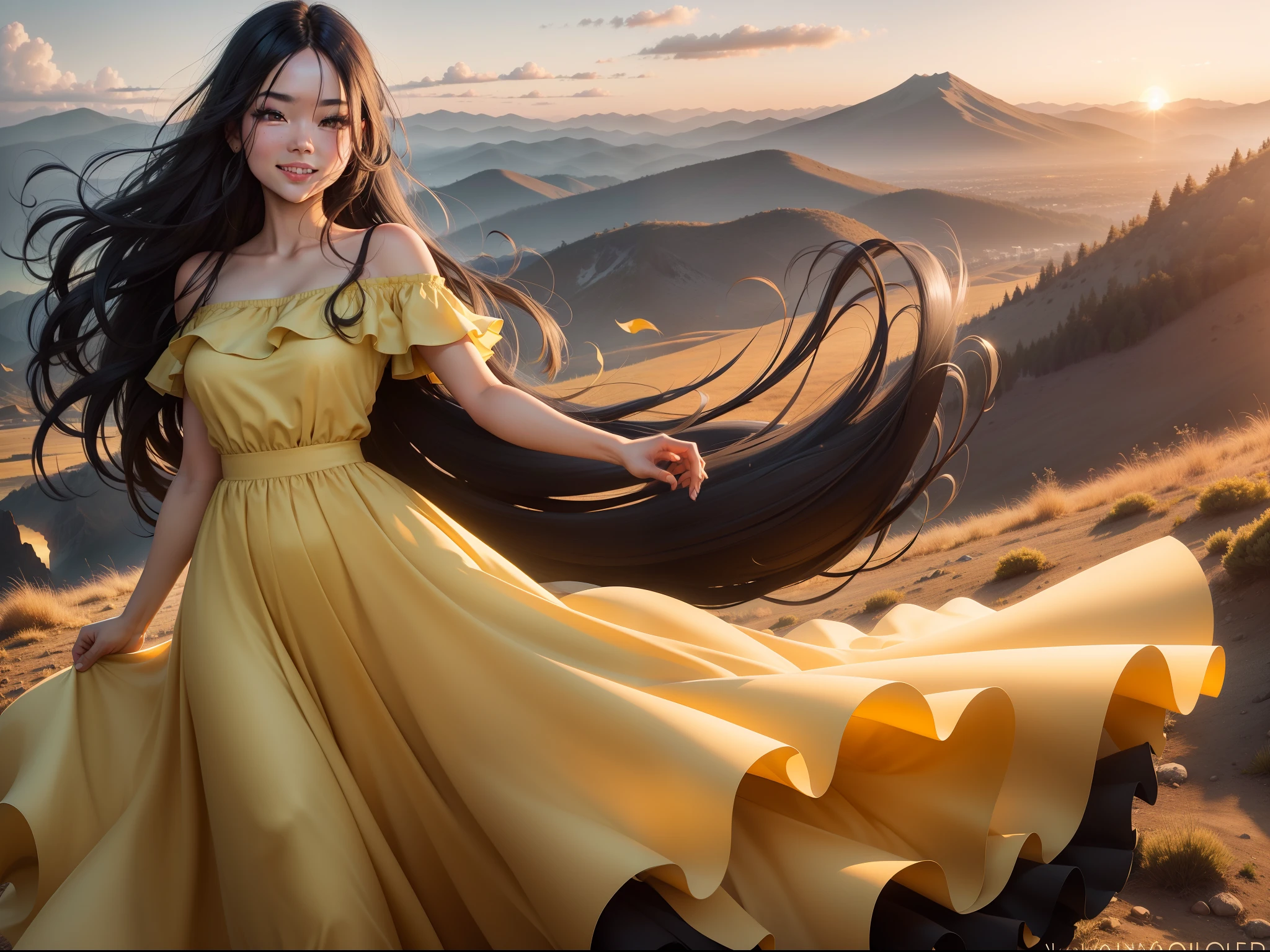 On a hill with mountains in the distance Sunset Pretty girl Black hair Long hair A charming smile Dark hair Yellow long dress Dress and hair fluttering in the wind Face Highlights