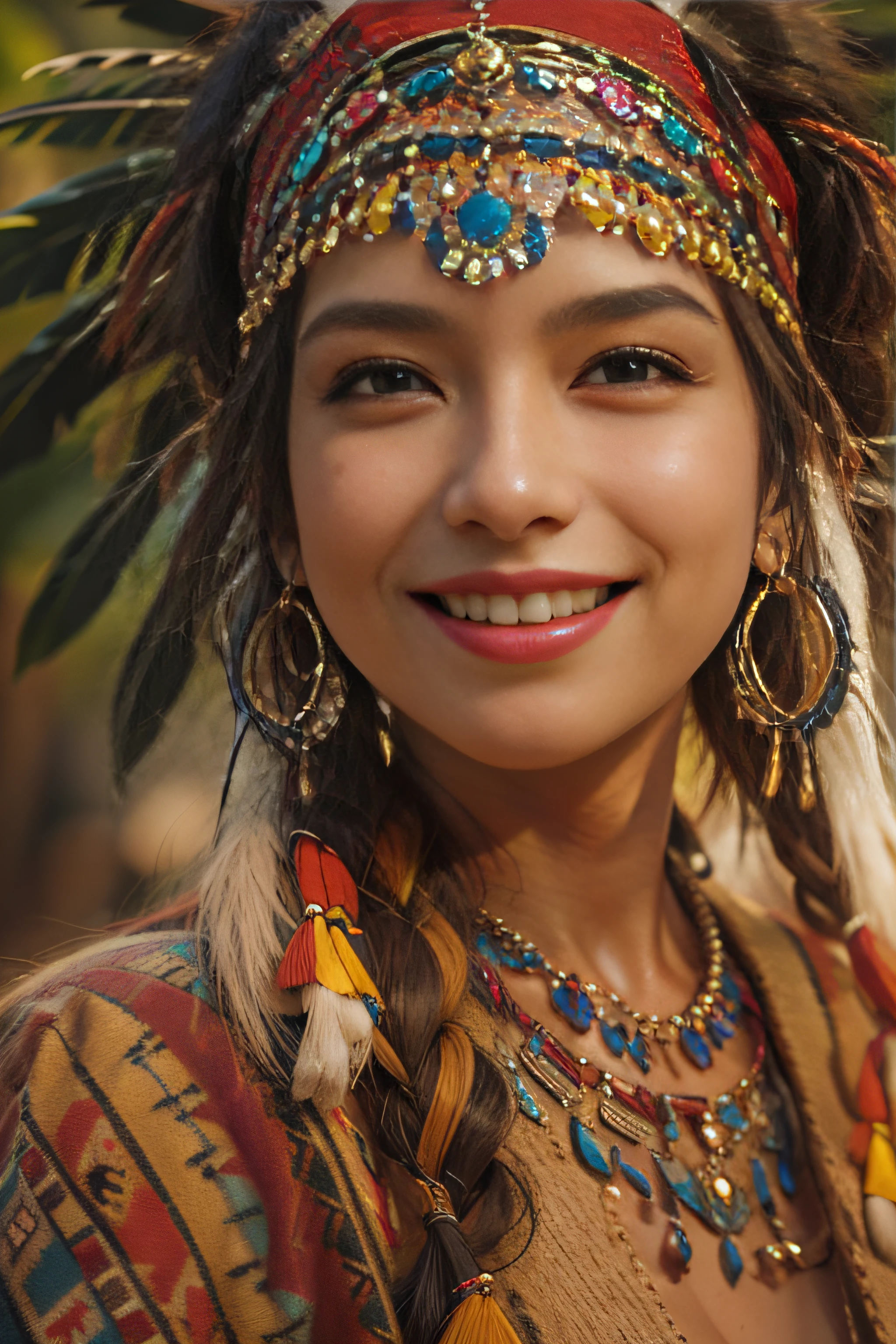 (masterpiece), (best quality), 8k resolution, 1girl, stunning beauty, perfect face, smile, mature female, 30yo, sexy, indigenous American clothes, tan skin